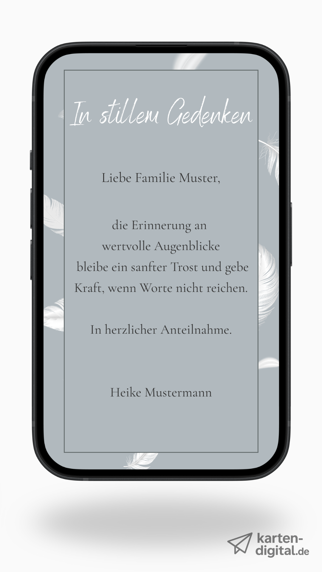 Digitale Kondolenzkarte – Grau & Feder