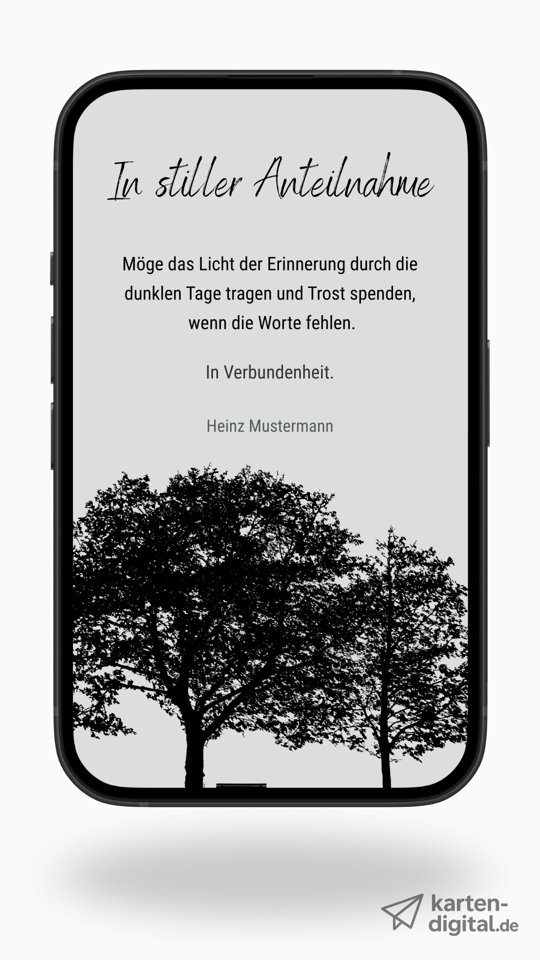 Digitale Kondolenzkarte – Schwarzweiß & Baum