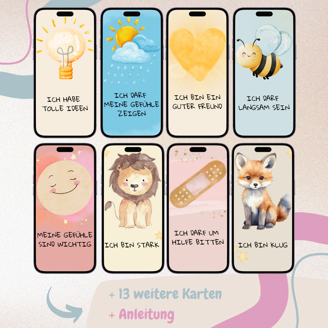 Affirmationskarten für Kinder – 21 digitale Mutmacher für Handy, Ausdruck & Alltag