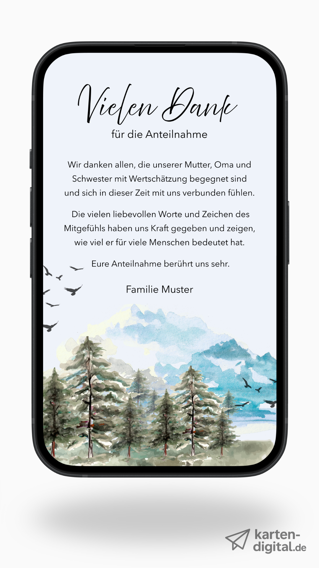 Digitale Danksagungskarte – Wald & Aquarell