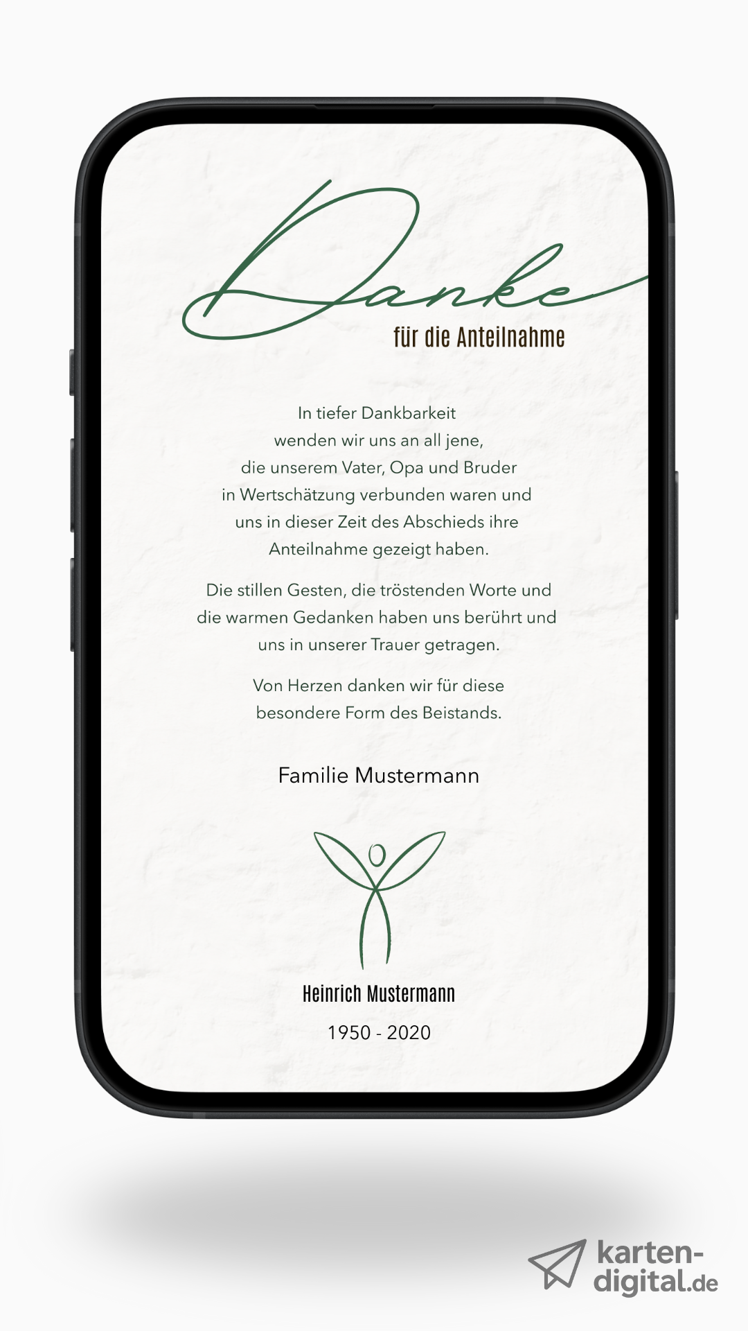 Digitale Danksagungskarte – Naturgrün & Engel