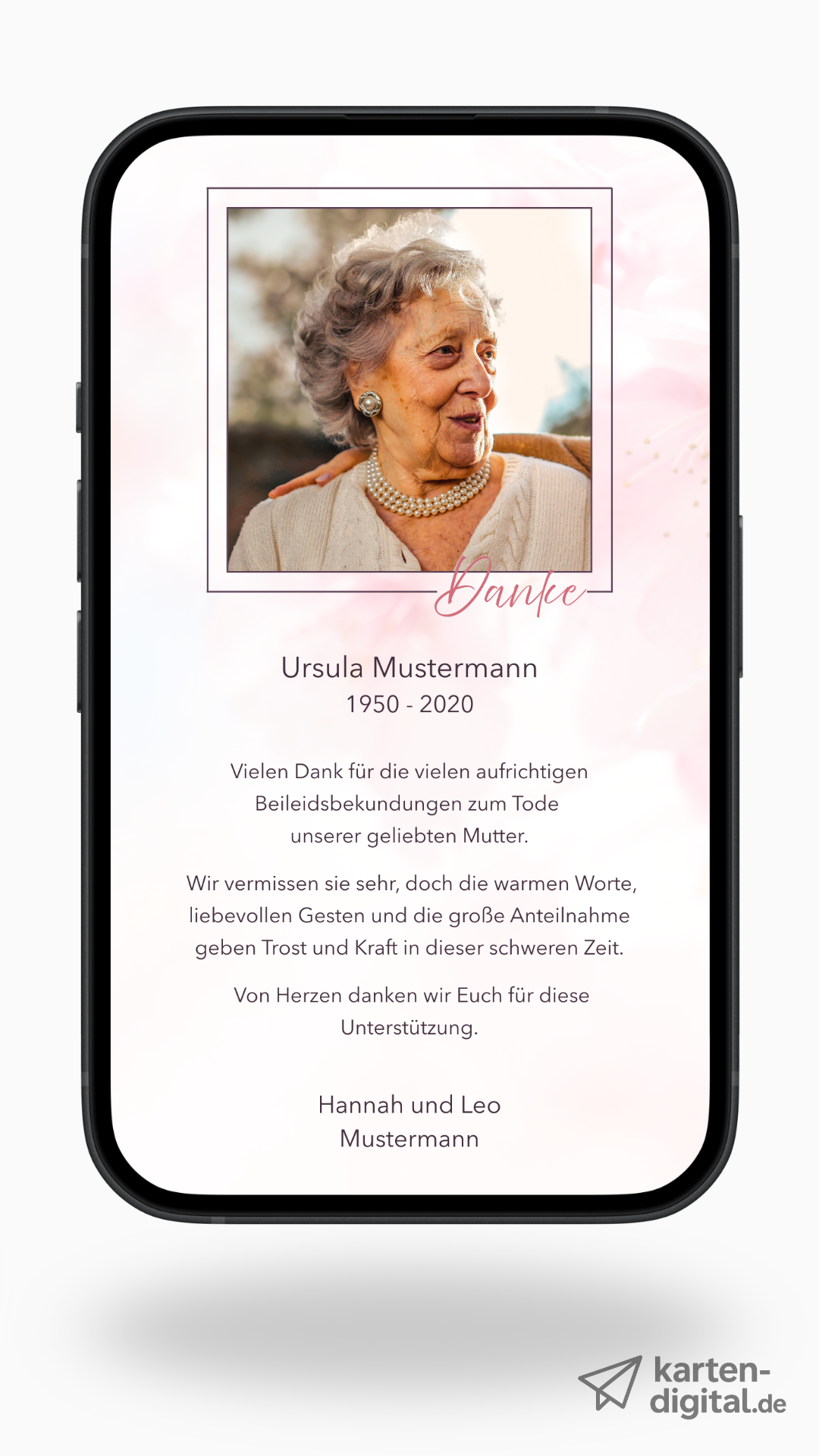 Digitale Danksagungskarte – Rosé & Fotorahmen