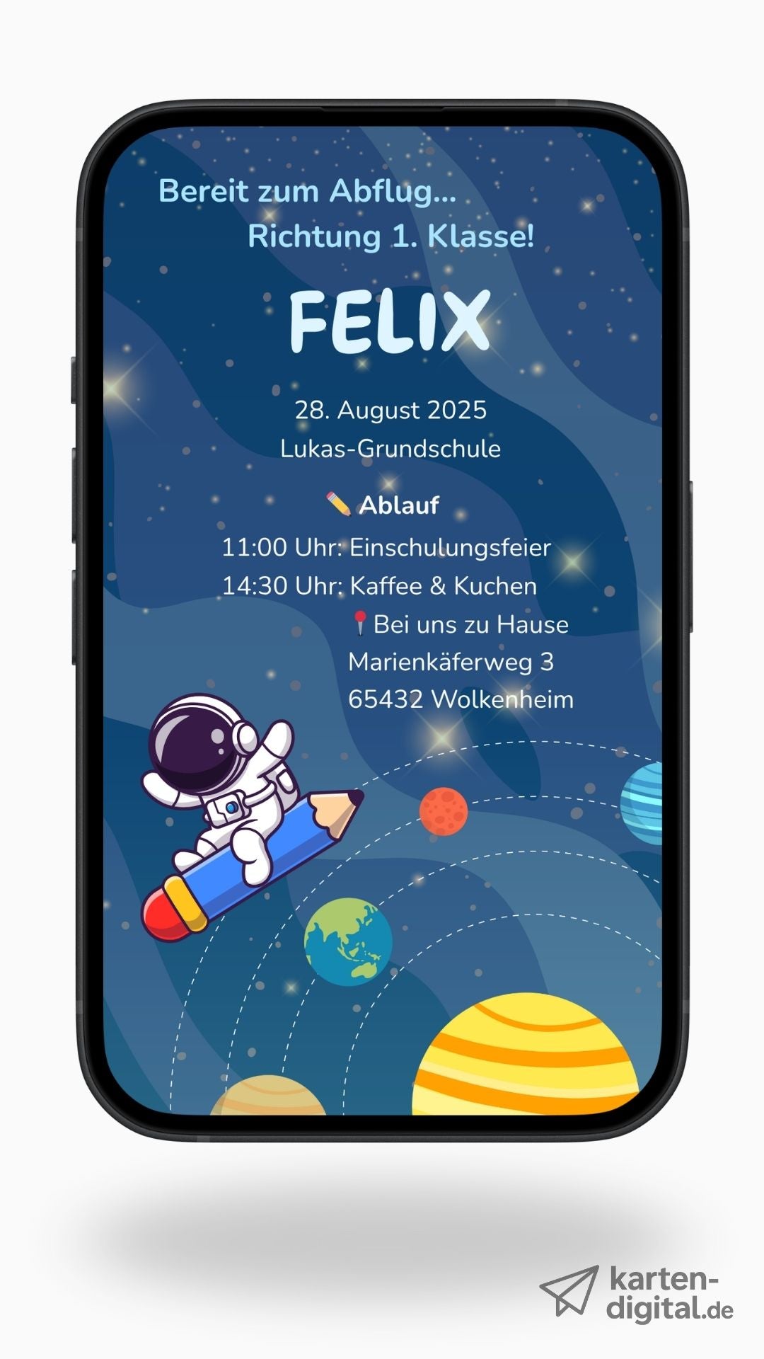 Einladung zur Einschulung – digital & galaktisch schön mit Astronaut im Weltall