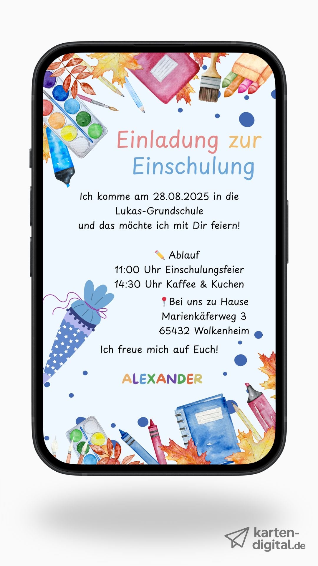 Digitale Einschulungseinladung mit Schultüte – Aquarell-Karte in Blau für den Schulstart