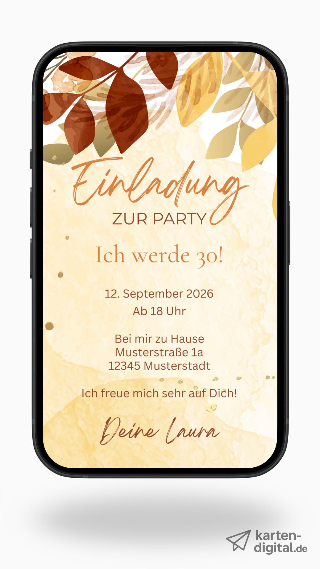 Digitale Geburtstagseinladung mit goldbraunen Herbstblättern – stilvoll & warm