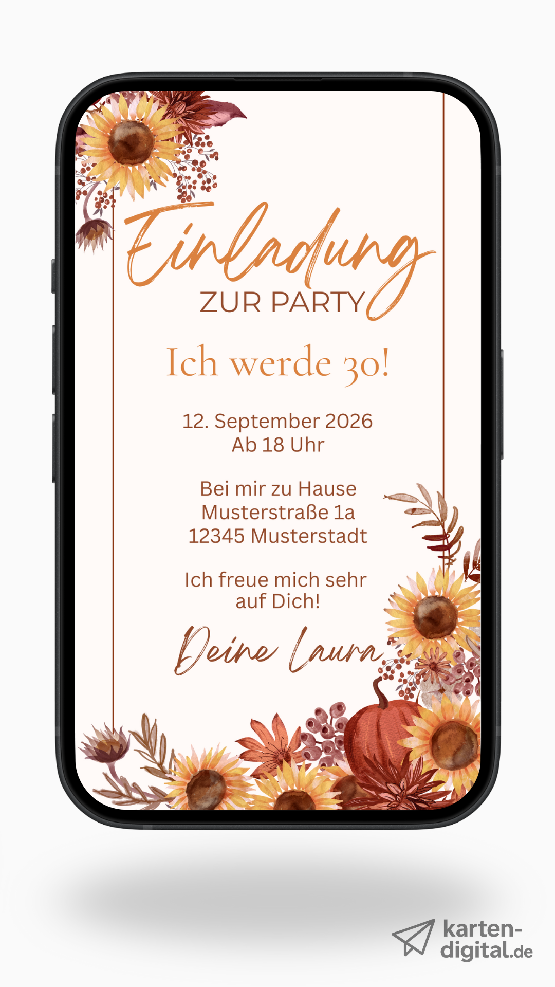 Herbstliche Geburtstagseinladung mit Sonnenblumen und Kürbis – digital & liebevoll gestaltet