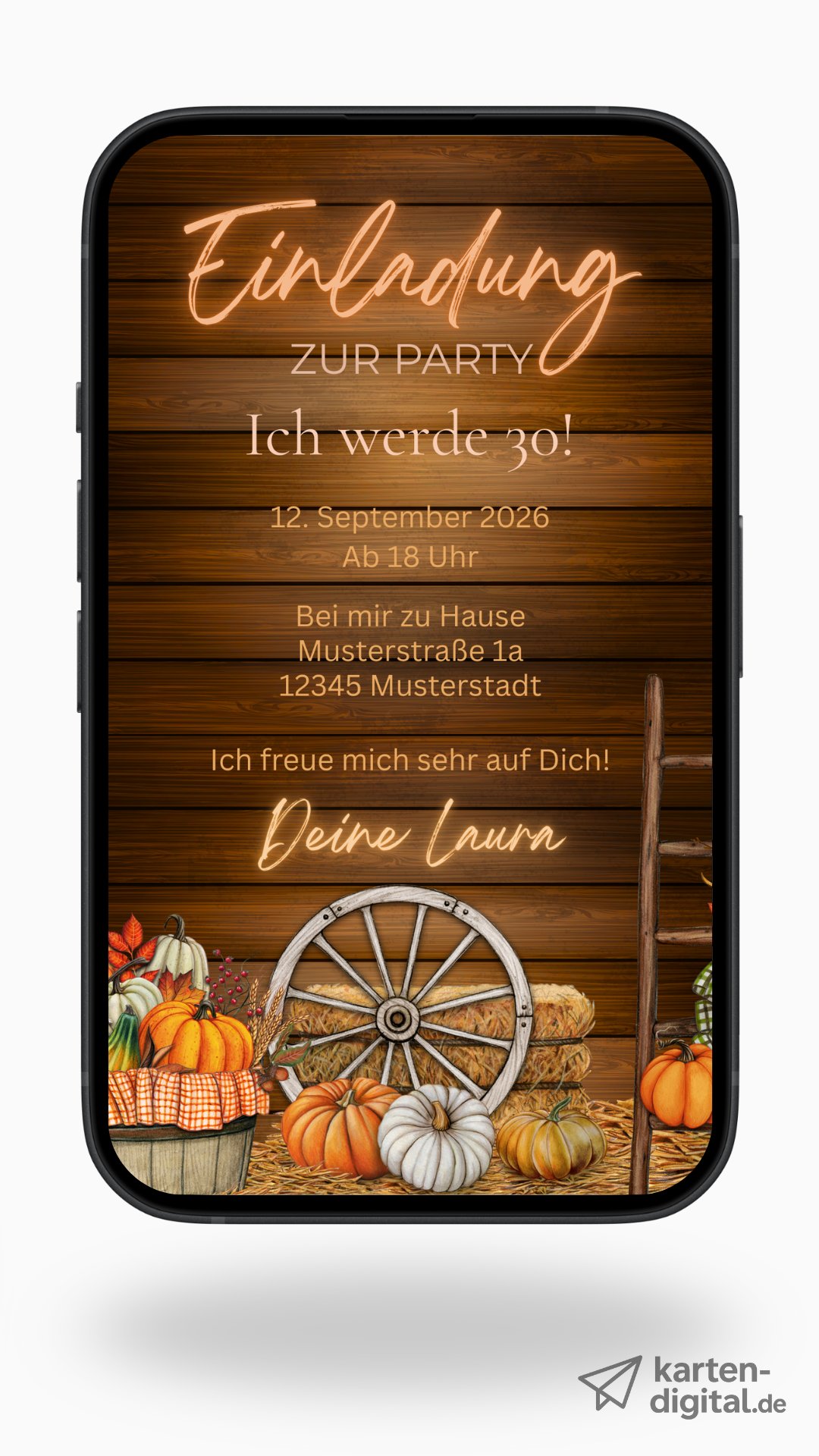 Digitale Geburtstagseinladung im rustikalen Scheunenstil – herbstlich & stimmungsvoll