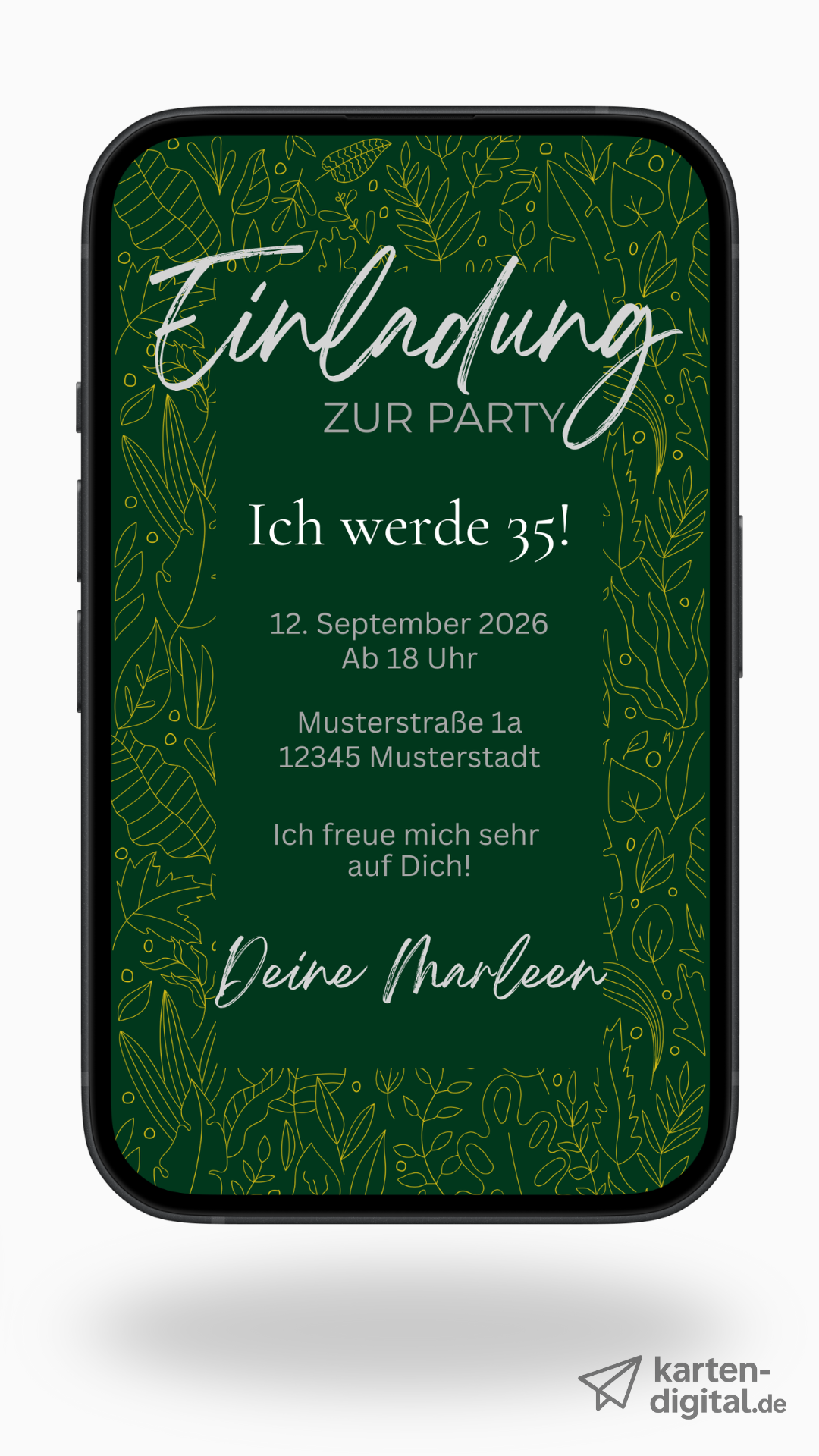 Digitale Geburtstagseinladung in Dunkelgrün mit Naturmotiv – stilvoll & elegant