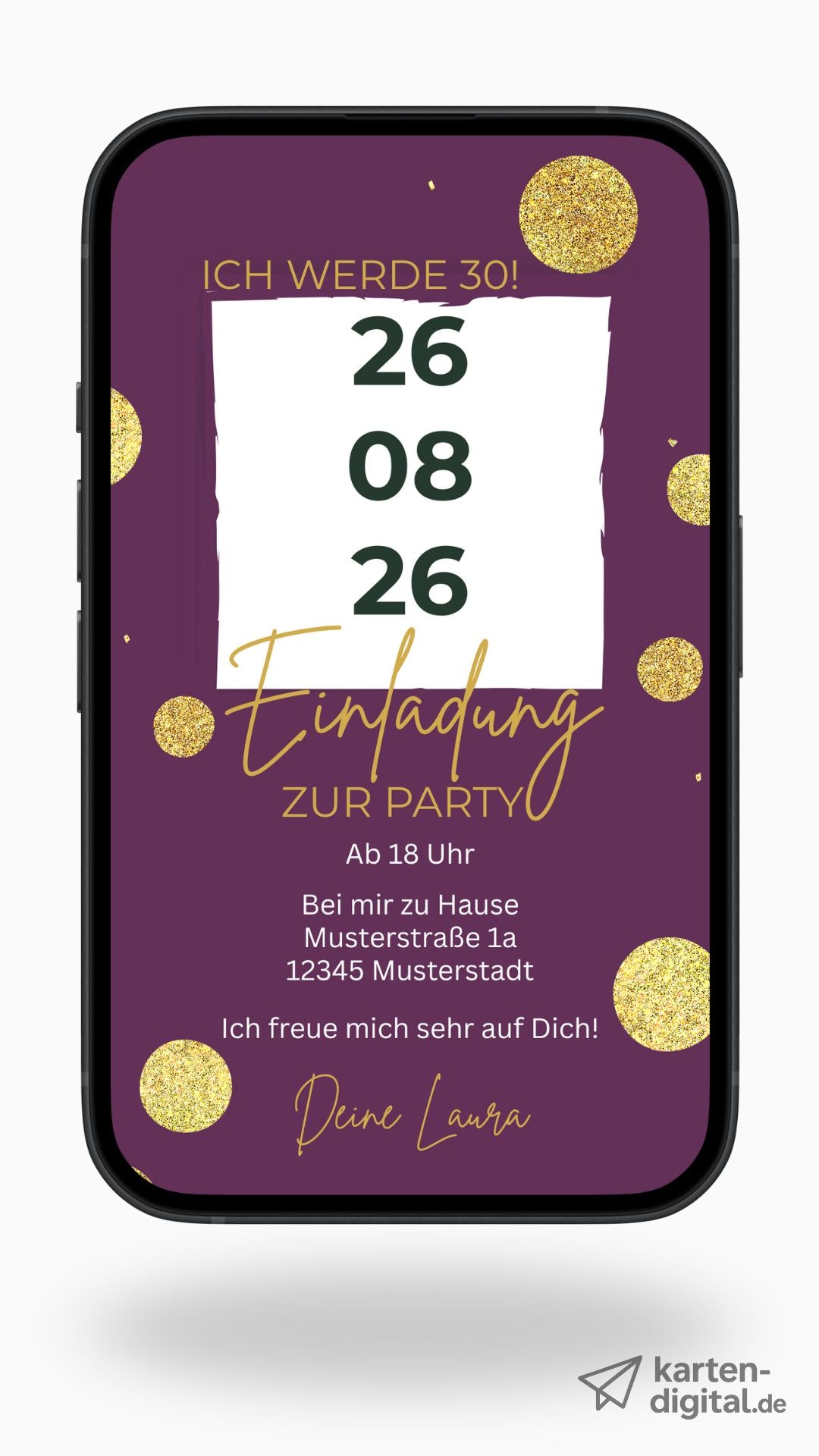 Moderne Geburtstagseinladung für Erwachsene – lila Design mit goldenen Highlights
