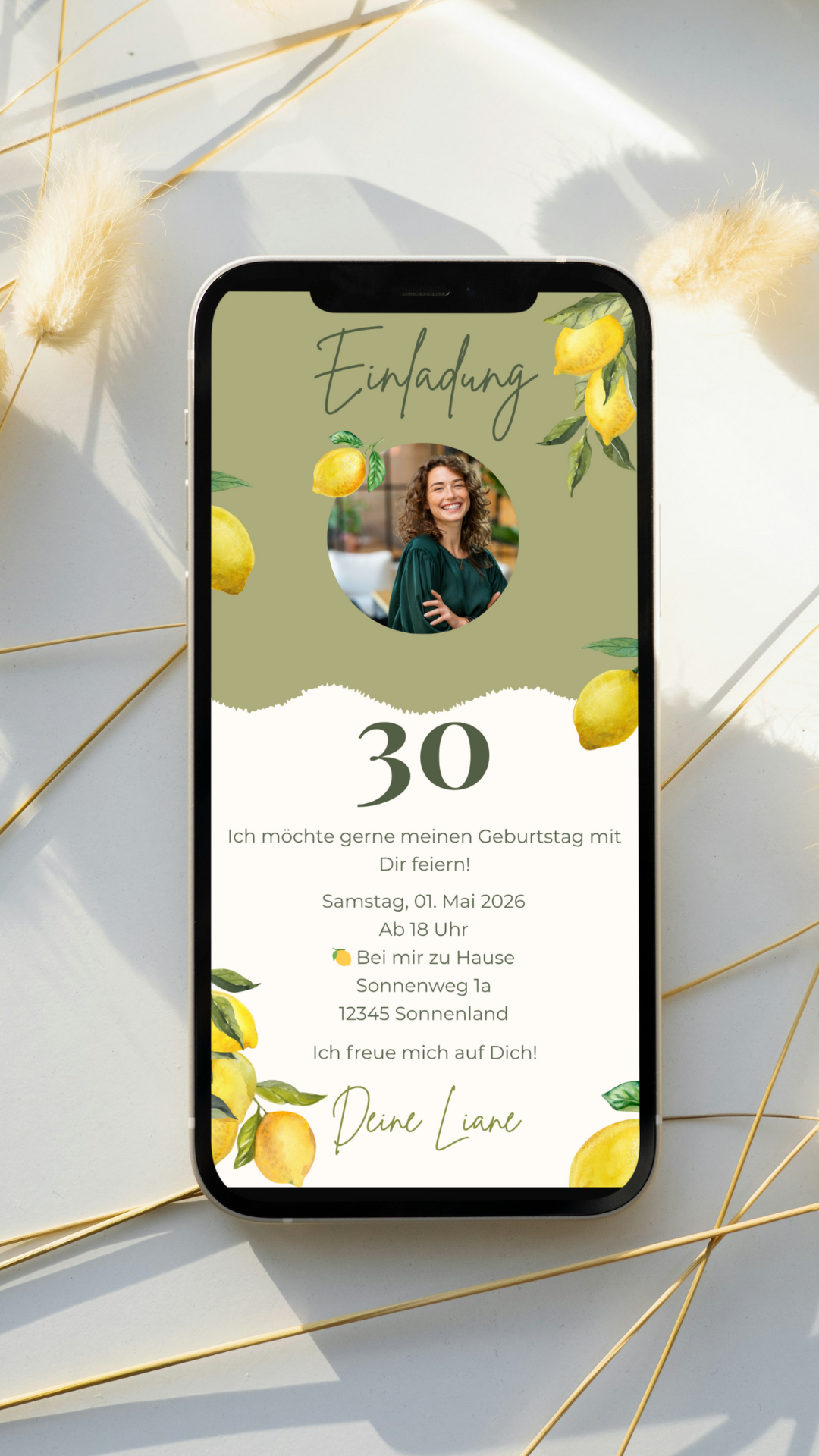 Stilvolle digitale Einladung zum Geburtstag mit frischem Zitronen-Look