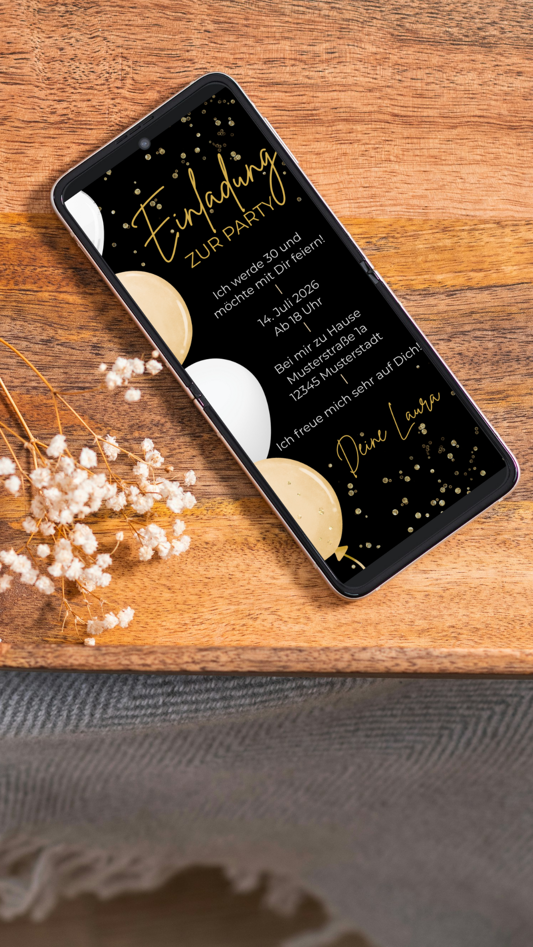 Elegante Geburtstagseinladung in Schwarz & Gold – digital versenden, stilvoll feiern
