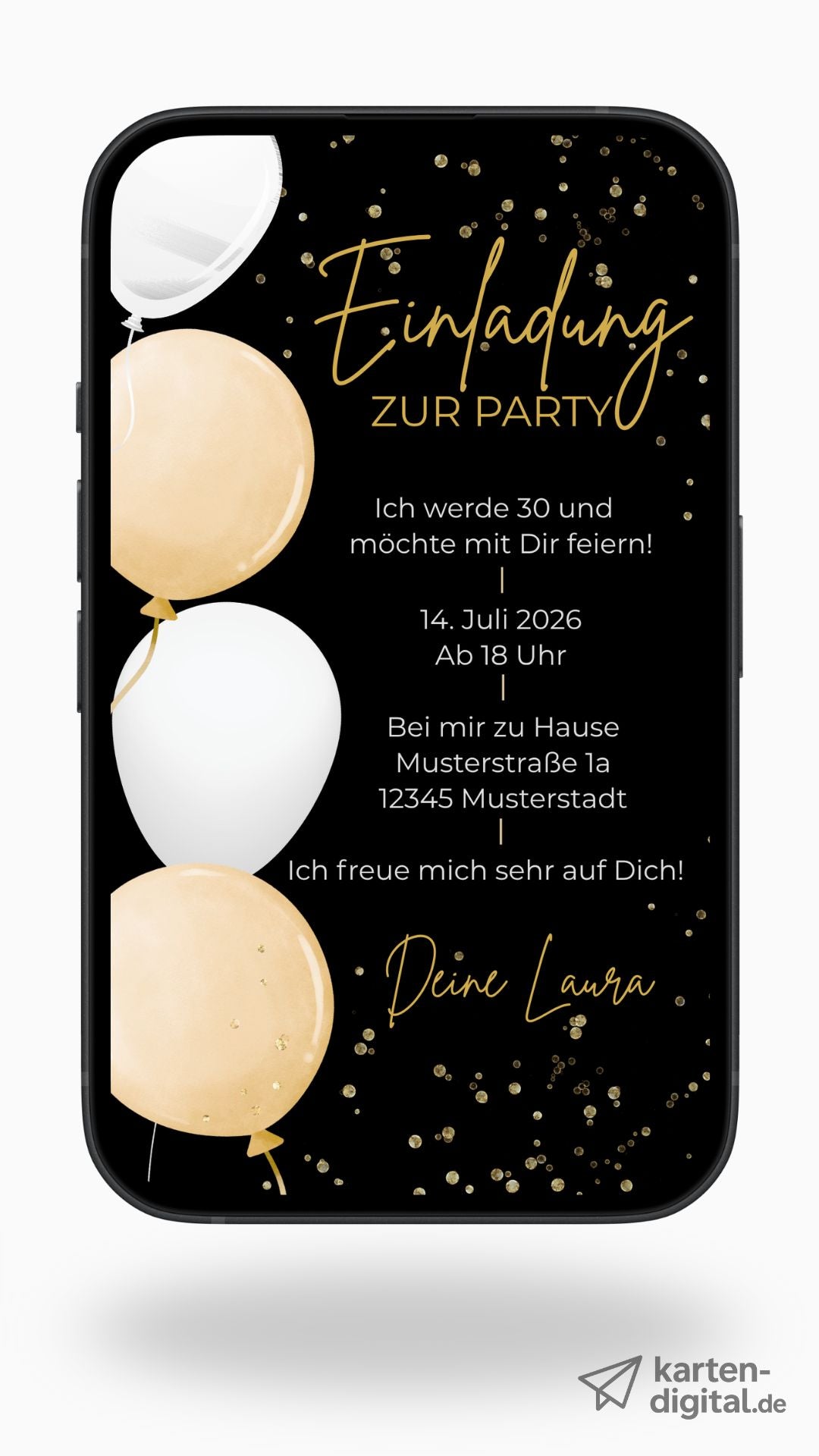 Elegante Geburtstagseinladung in Schwarz & Gold – digital versenden, stilvoll feiern