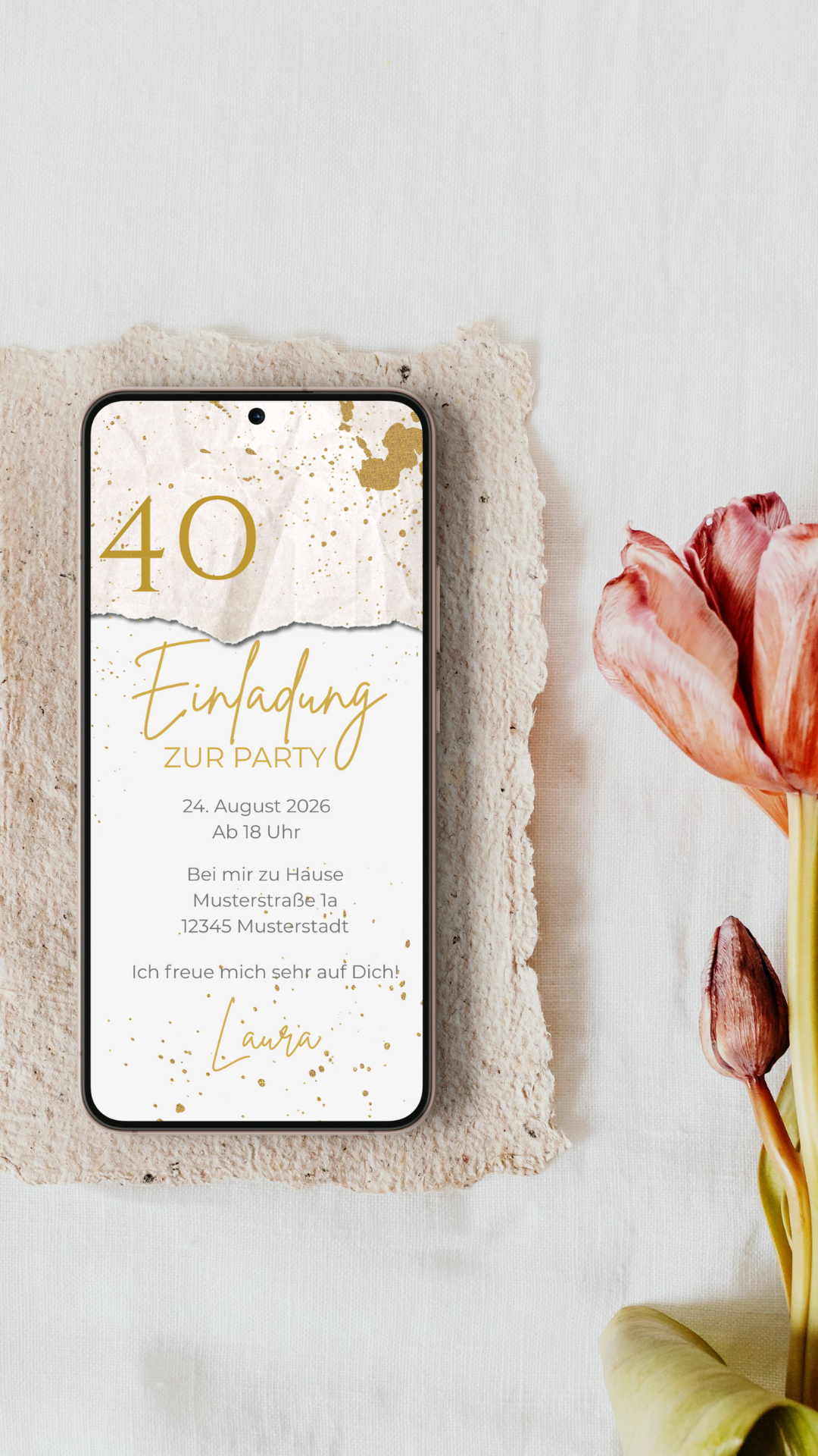 Stilvolle Einladung zum runden Geburtstag – mit edlem Goldsprenkel-Design