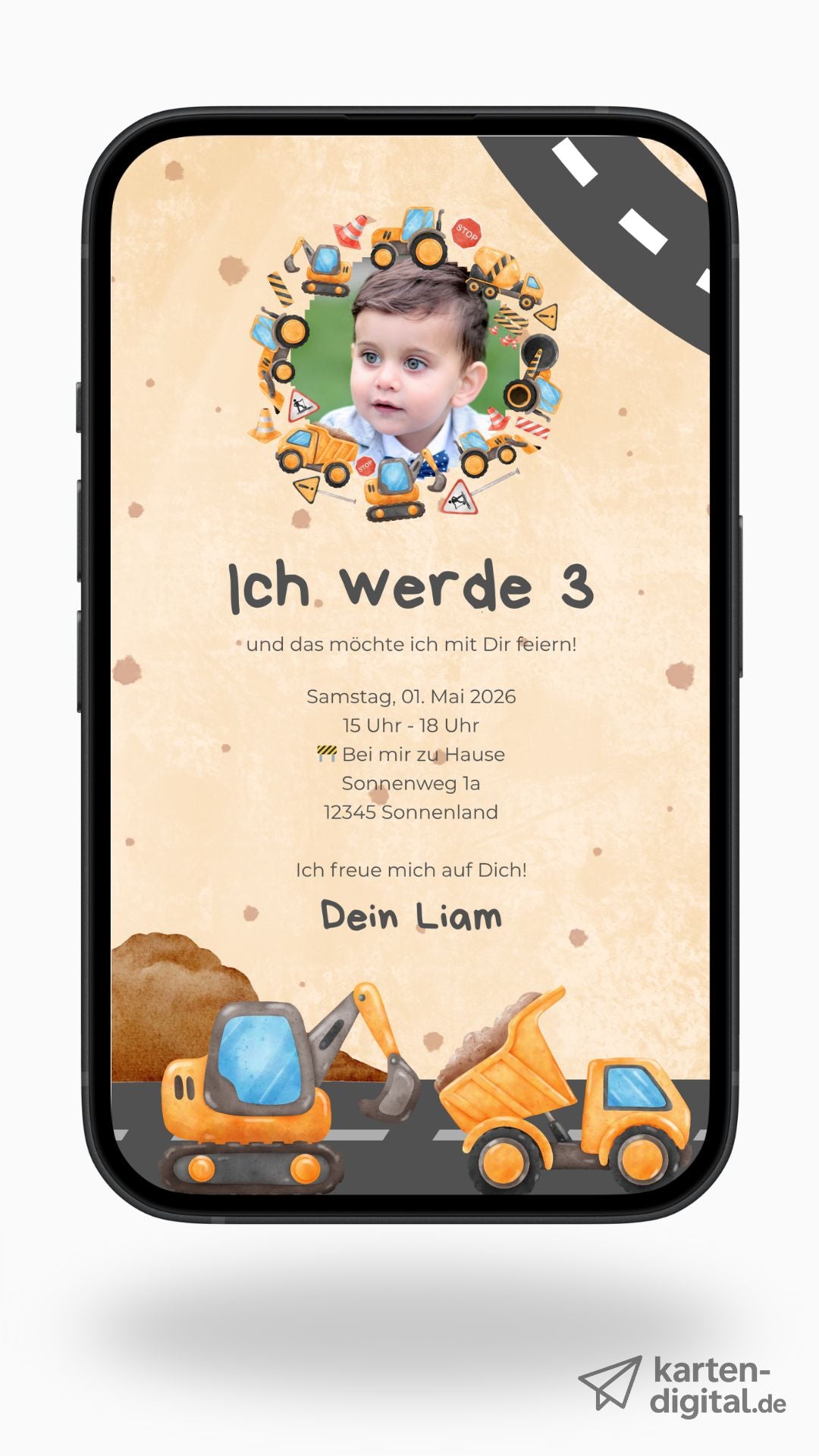 Digitale Geburtstagseinladung für Kinder – Baustellen-Design mit Bagger & Kipplaster