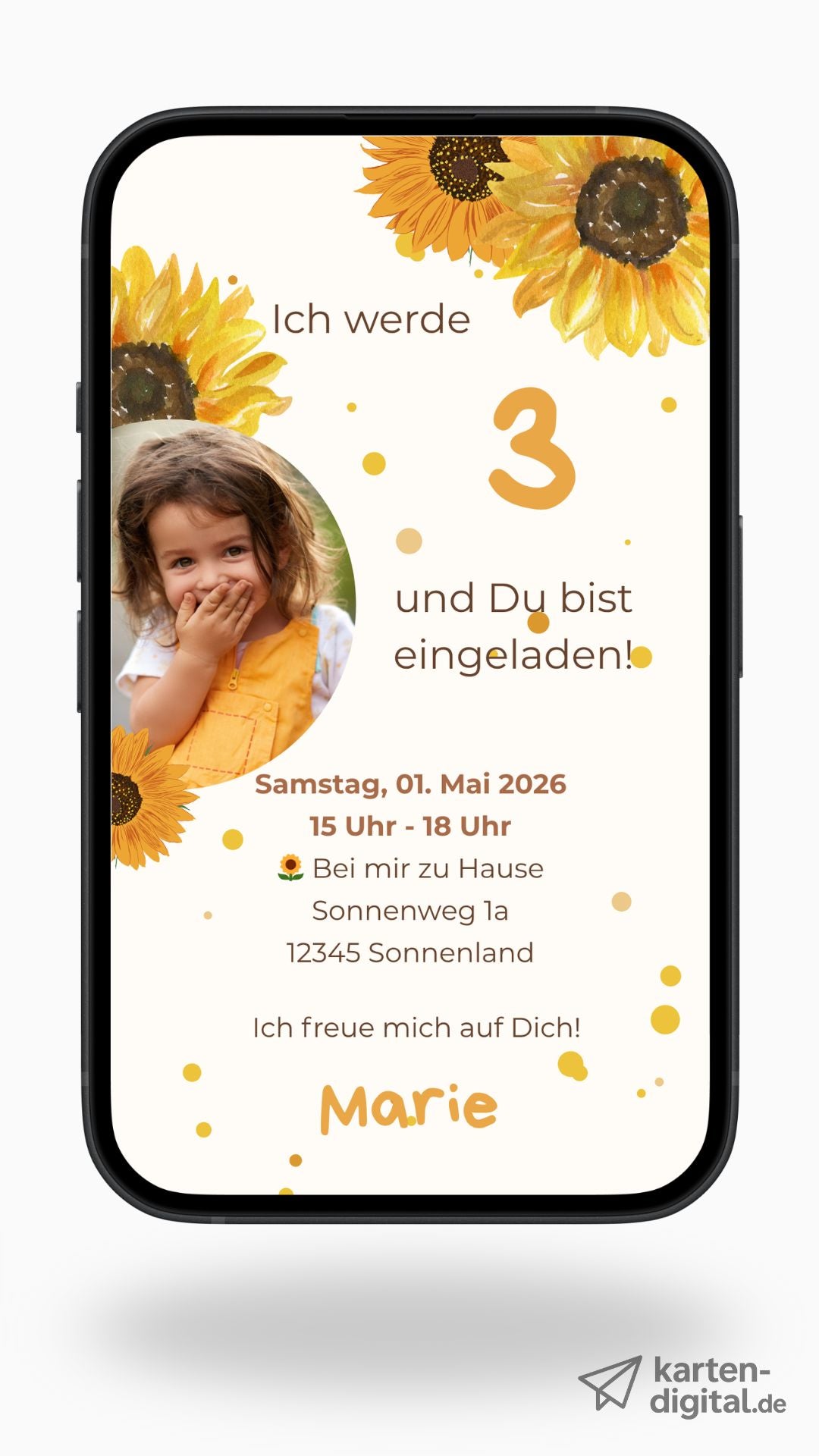 Digitale Geburtstagseinladung für Kinder – Sonnenblumen-Design in Gelb mit Foto