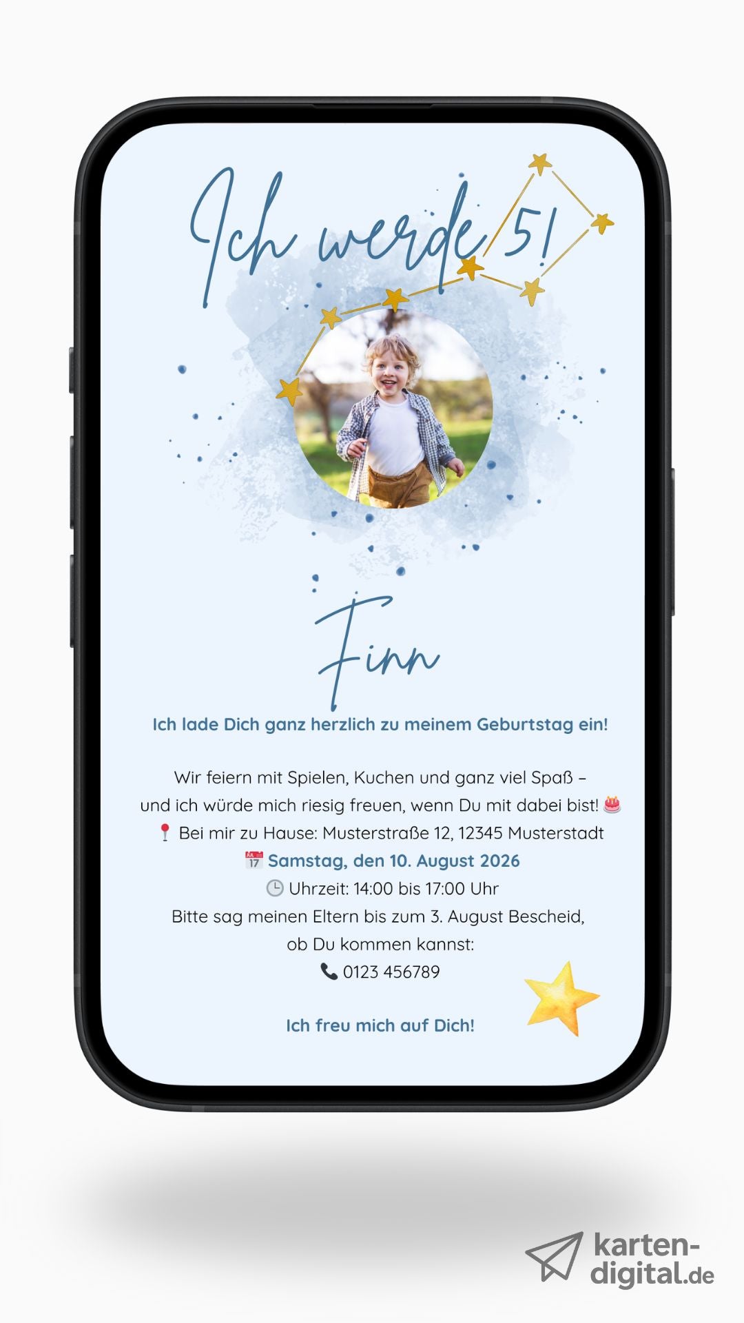 Digitale Kindergeburtstagseinladung – Sternenhimmel-Design mit Foto
