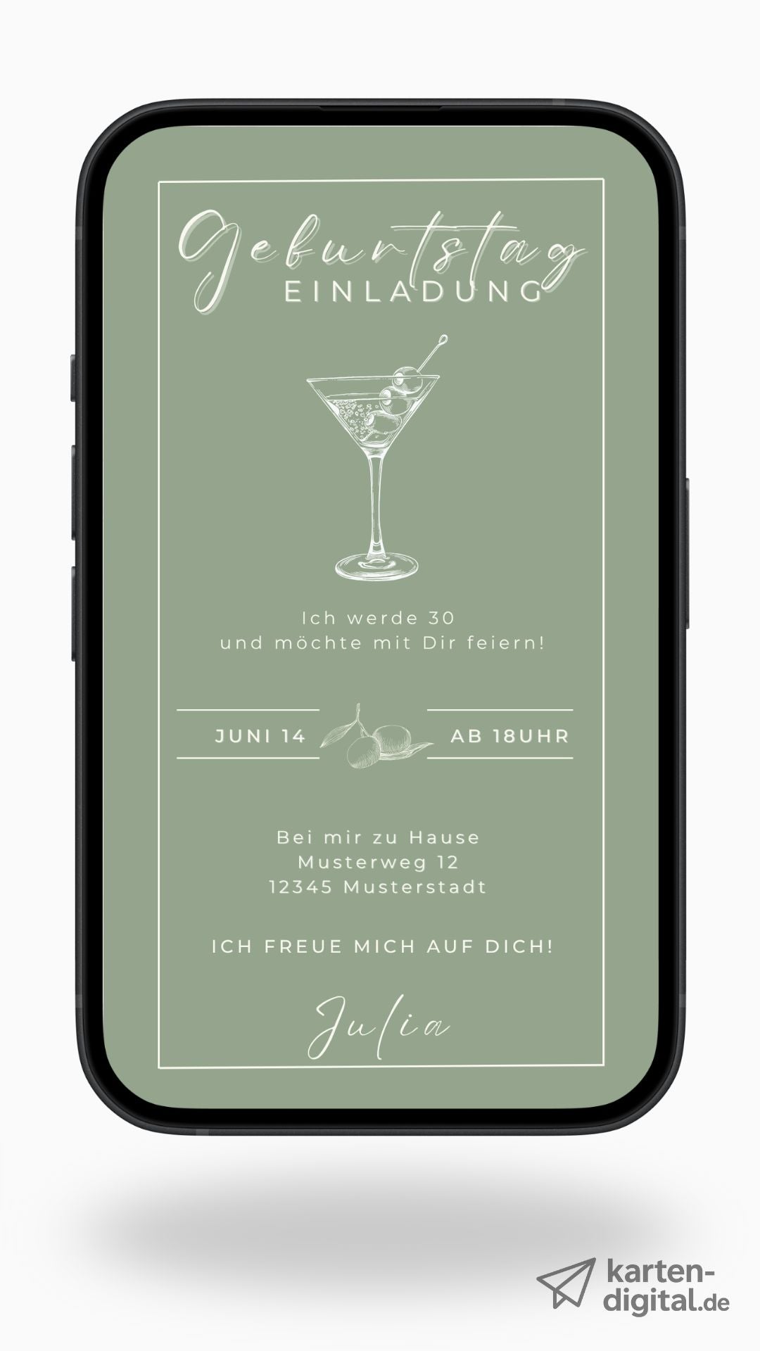 Digitale Geburtstagseinladung – modernes Design mit Olive & Martini-Glas zum Anpassen