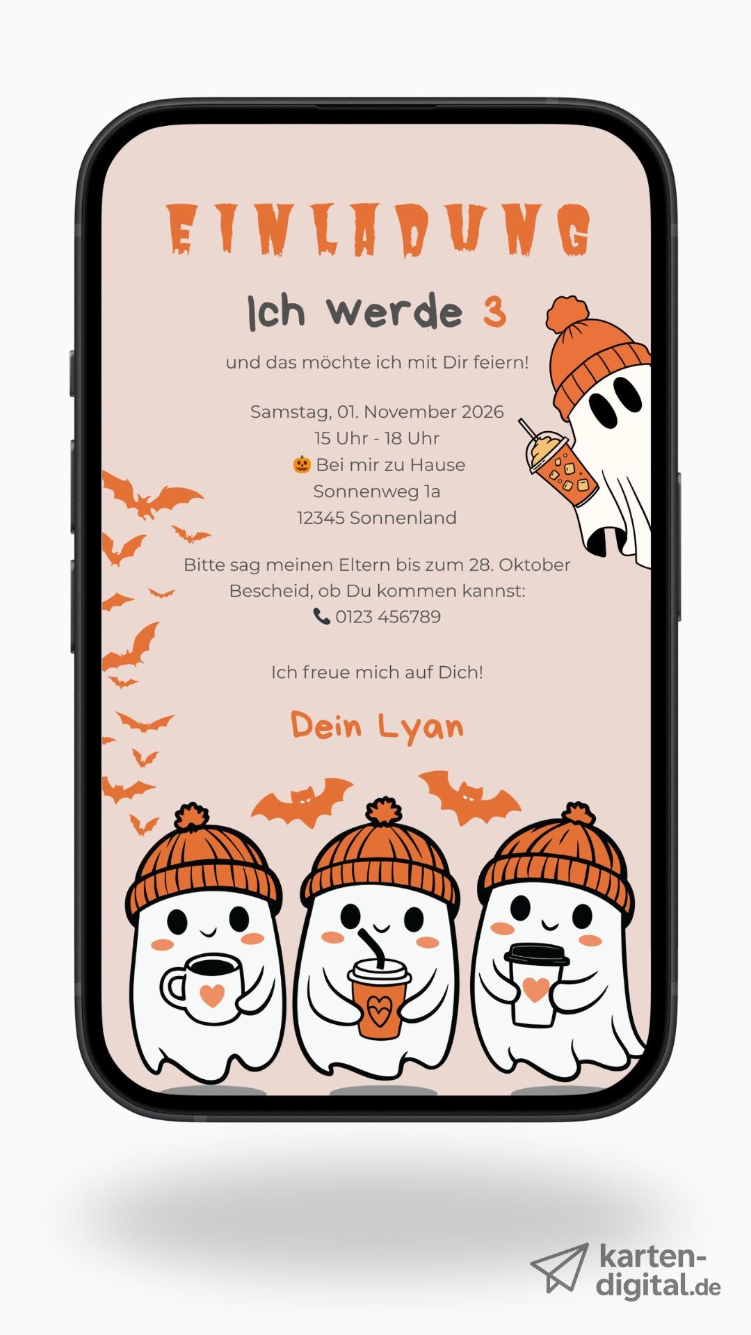 Halloween Geburtstagseinladung für Kinder – digitale Karte mit süßen Geistern & Fledermäusen
