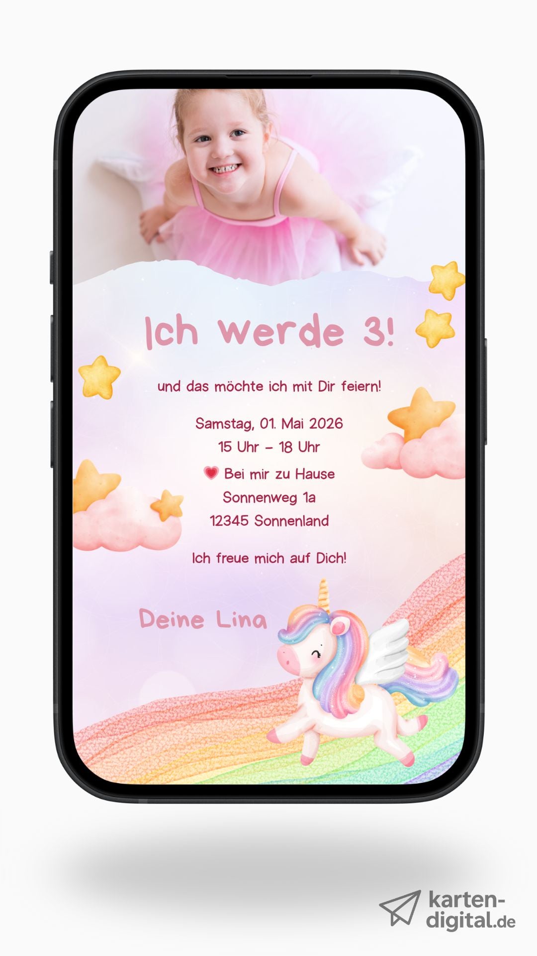 Digitale Geburtstagseinladung für Kinder – Einhorn-Design mit Regenbogen & Sternen
