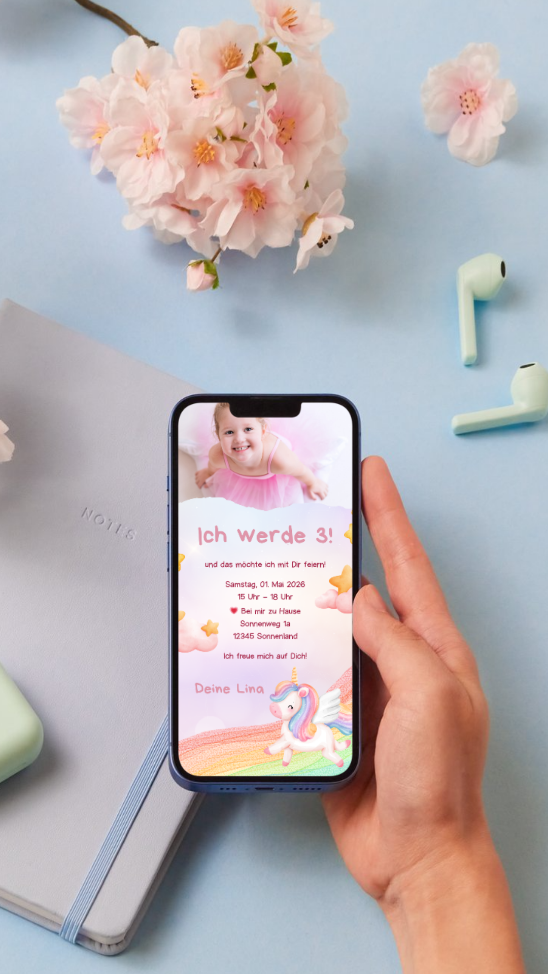 Digitale Geburtstagseinladung für Kinder – Einhorn-Design mit Regenbogen & Sternen