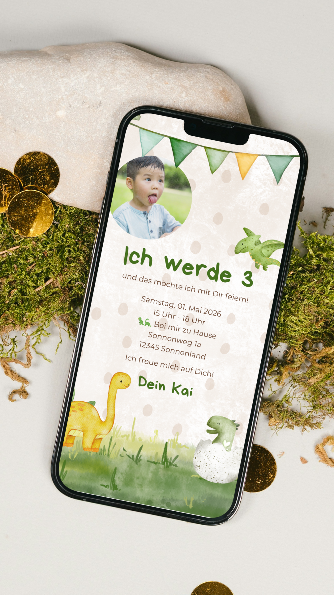 Digitale Geburtstagseinladung für Kinder – Dino-Design mit Foto & grünen Akzenten