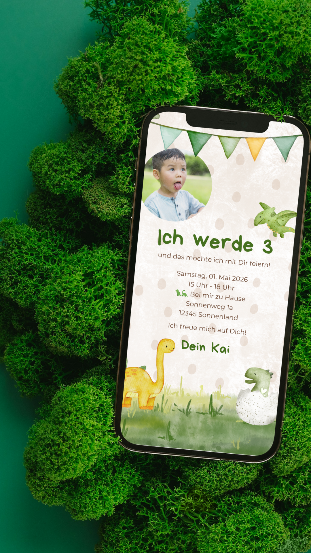 Digitale Geburtstagseinladung für Kinder – Dino-Design mit Foto & grünen Akzenten