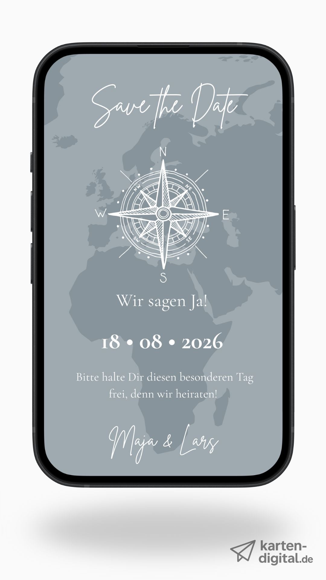 Digitale Save-the-Date Karte mit Kompass – stilvoll für Fernbeziehungen & Hochzeiten im Ausland