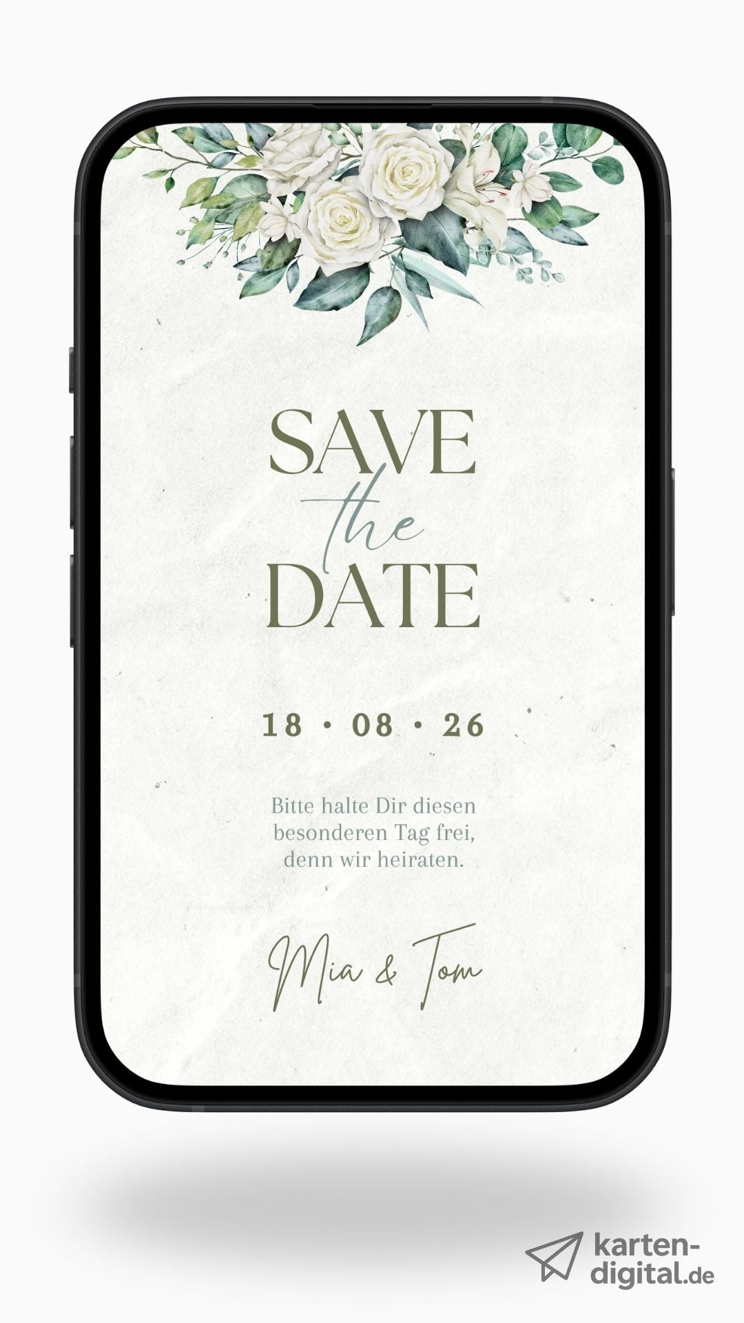 Florale Save-the-Date Karte – digital & romantisch mit weißen Rosen