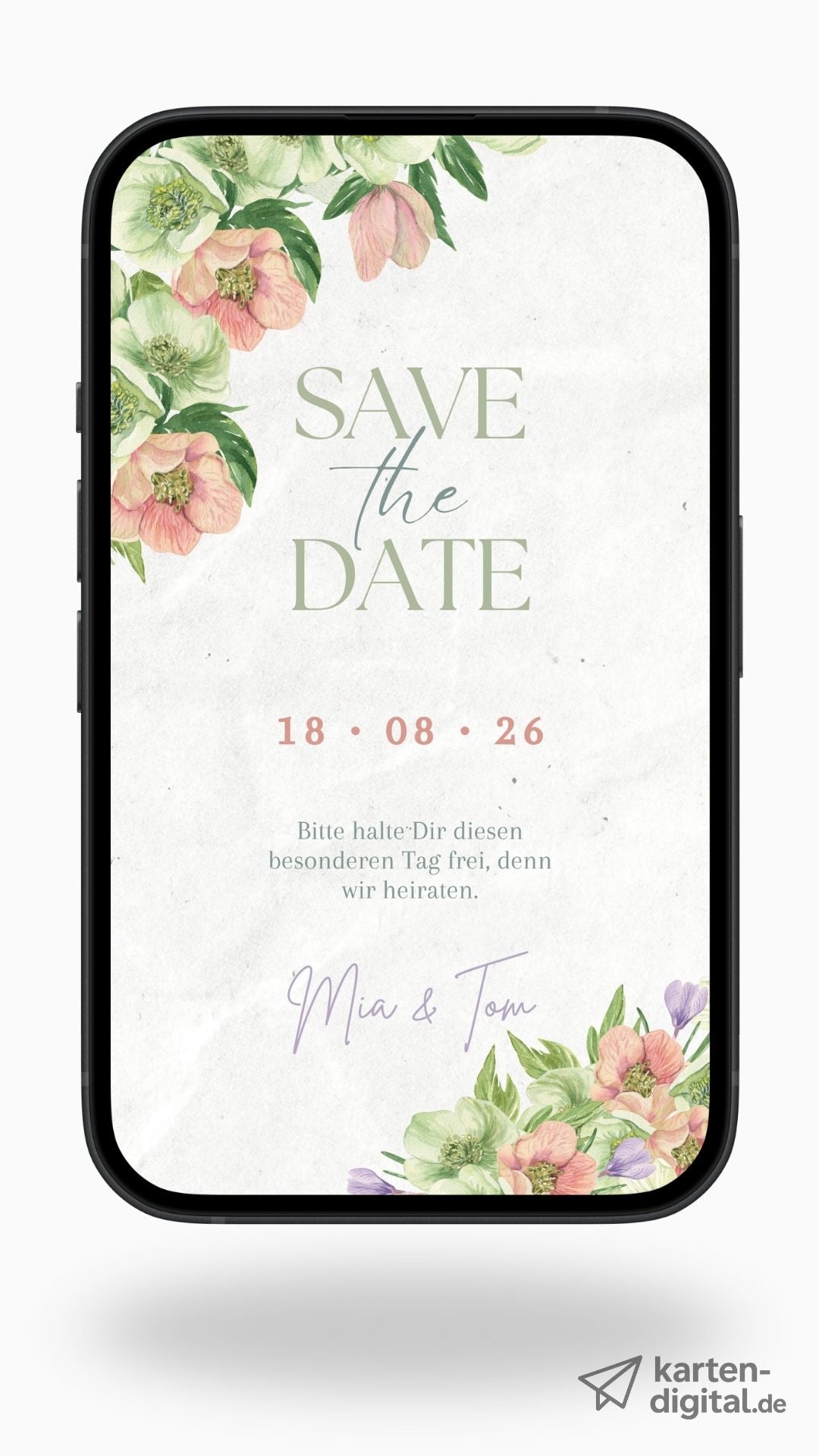 Verspielte Save-the-Date Karte mit Blumen – digital & liebevoll gestaltet