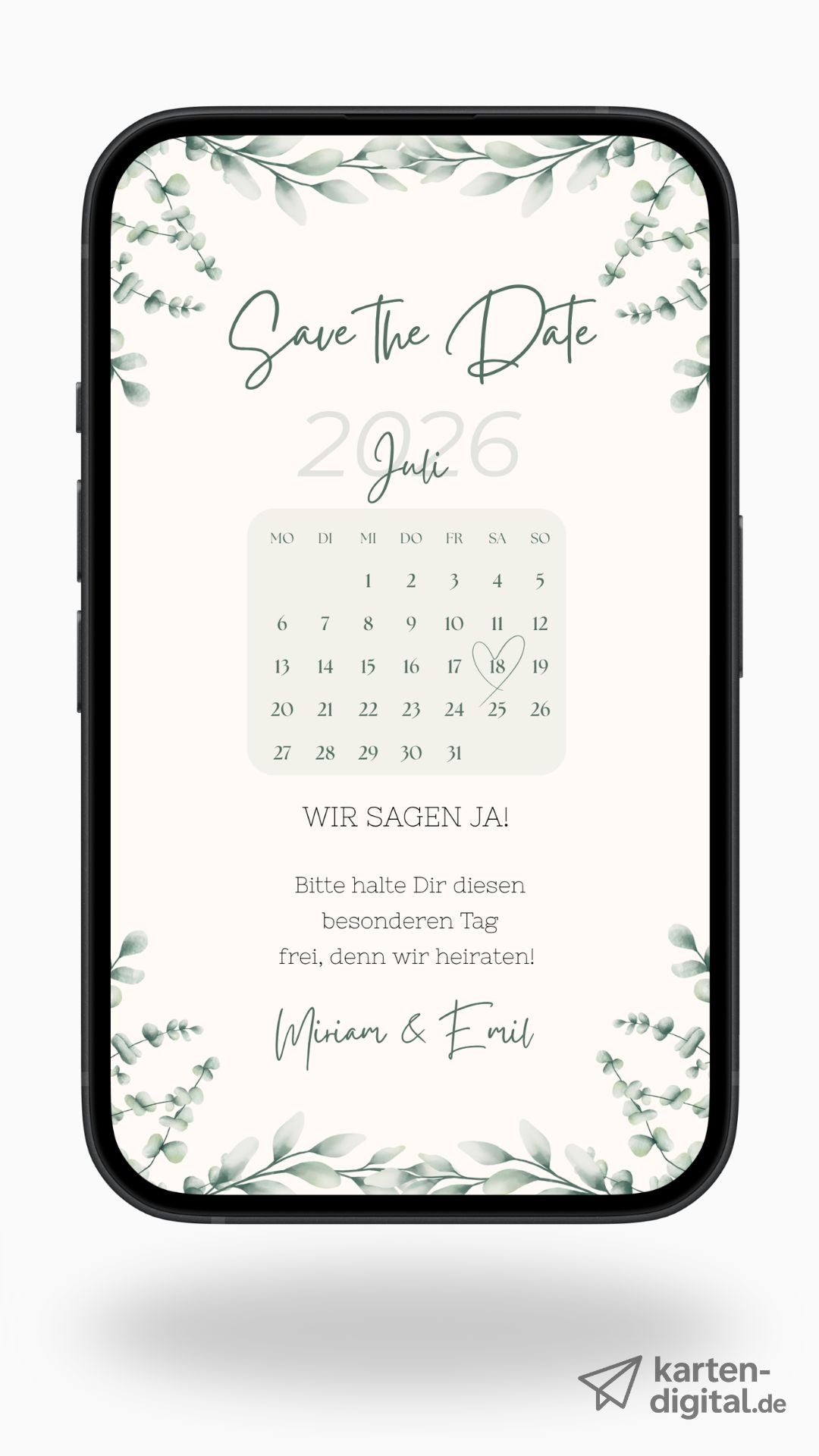 Digitale Save the Date Karte mit Kalender – Natürlich modern und stilvoll