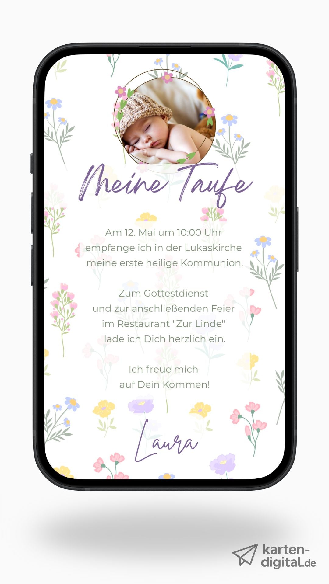 Digitale Taufeinladung mit Foto – liebevoll & blumig im Aquarellstil