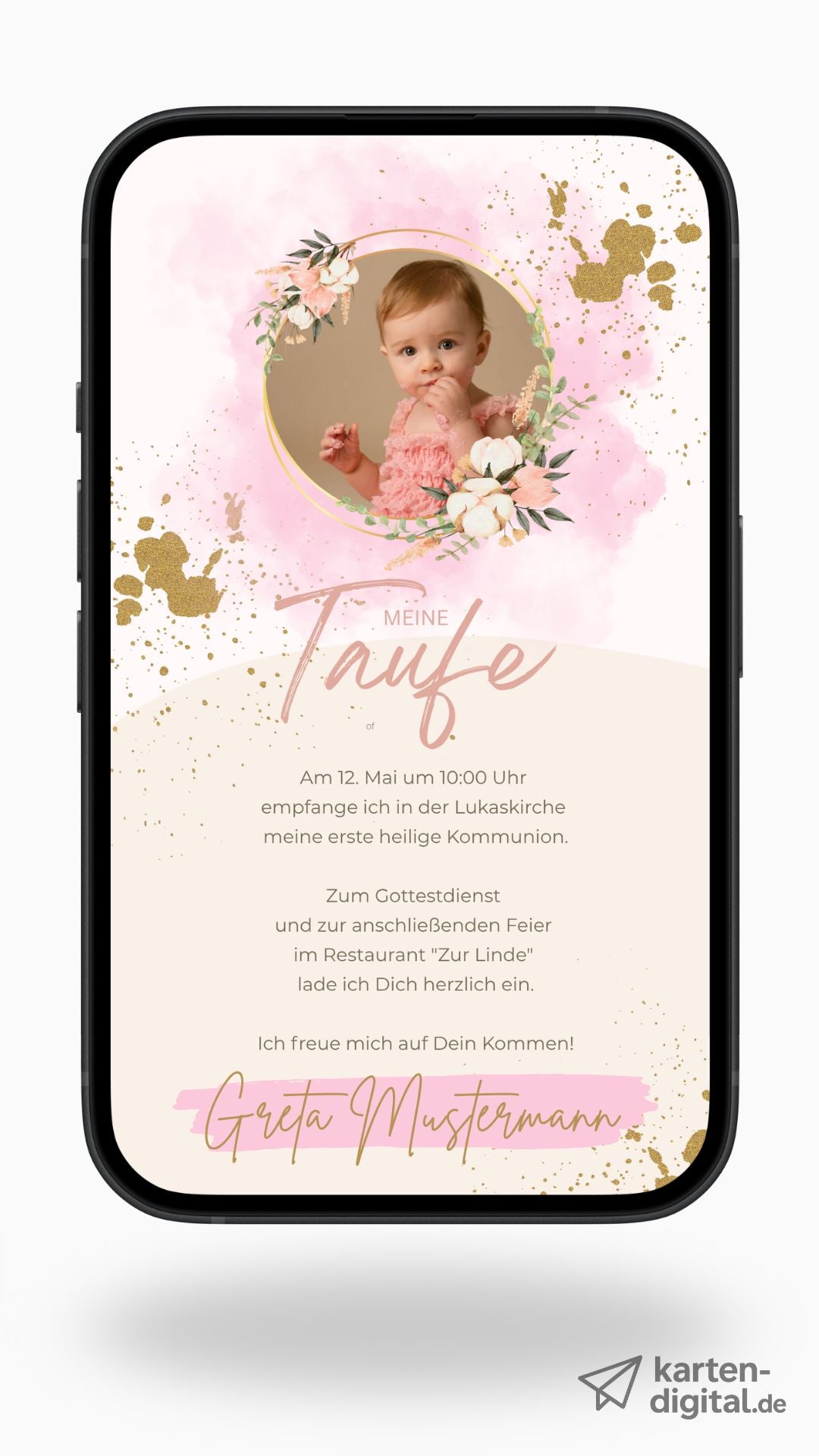 Digitale Taufeinladung mit Foto – edel & modern in Rosa und Gold