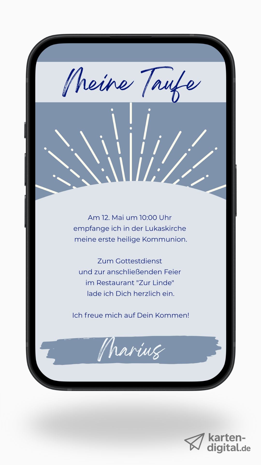 Moderne digitale Taufeinladung in Blau – stilvoll & zeitgemäß
