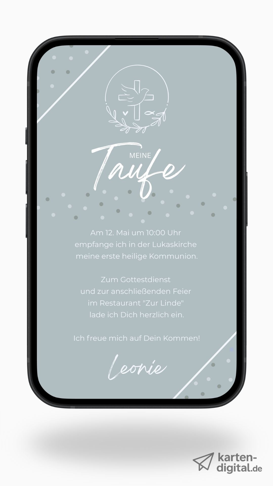 Schlichte digitale Taufeinladung mit christlichem Symbol – modern & würdevoll