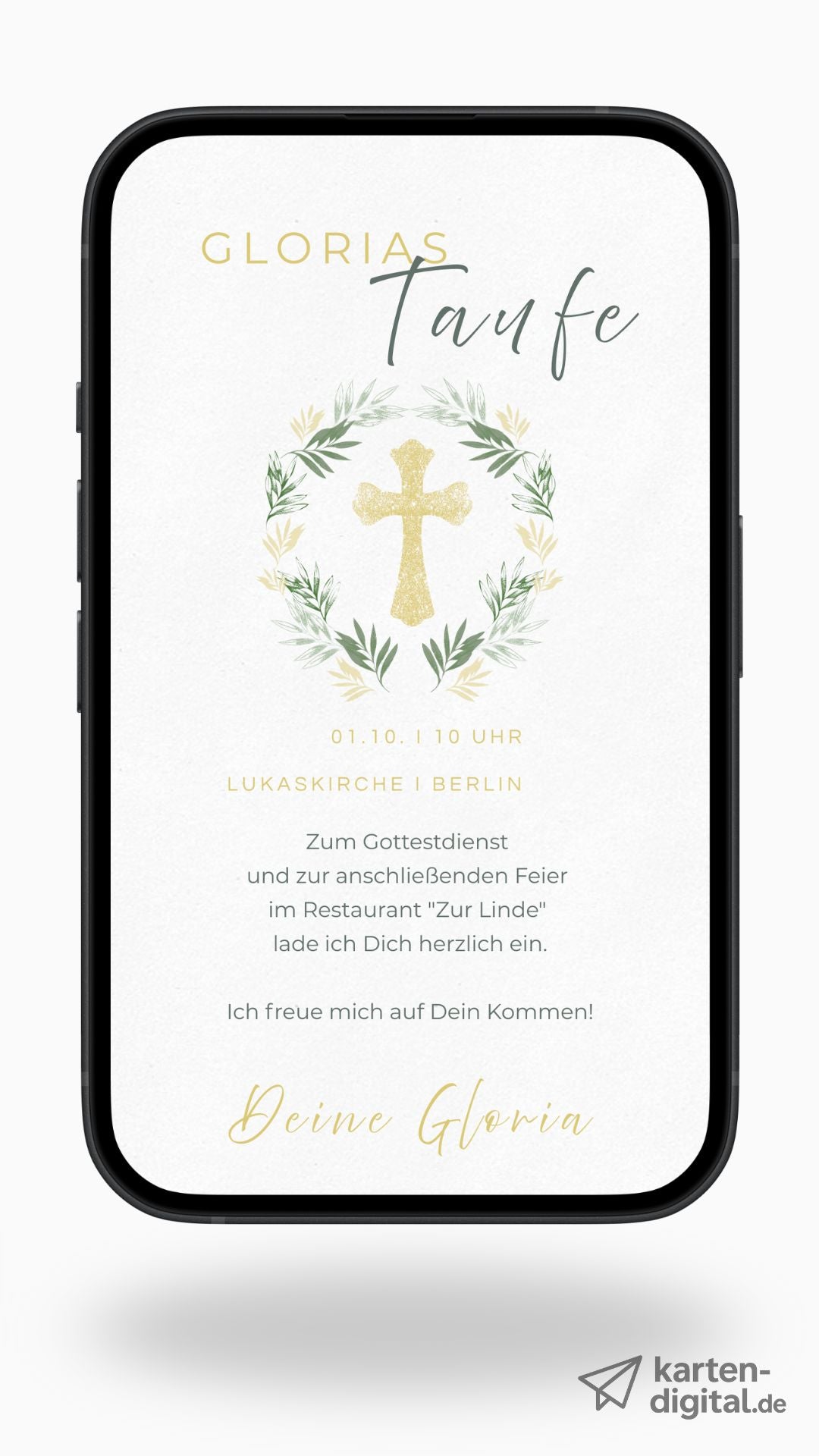 Digitale Taufeinladung – schlicht & elegant mit goldener Kreuzgrafik