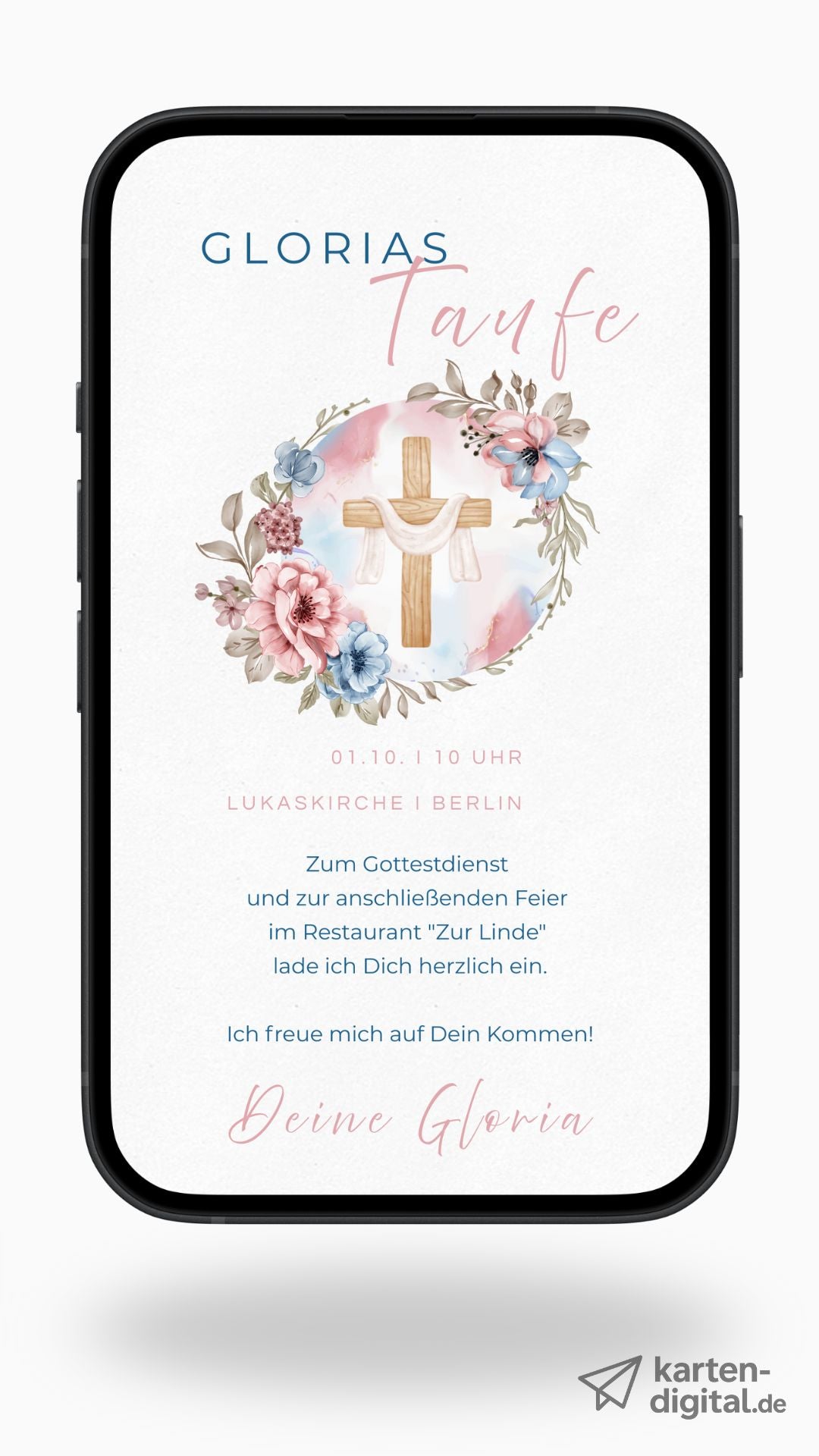 Digitale Taufeinladung – liebevoll gestaltet mit Blumenkranz & Holzkreuz
