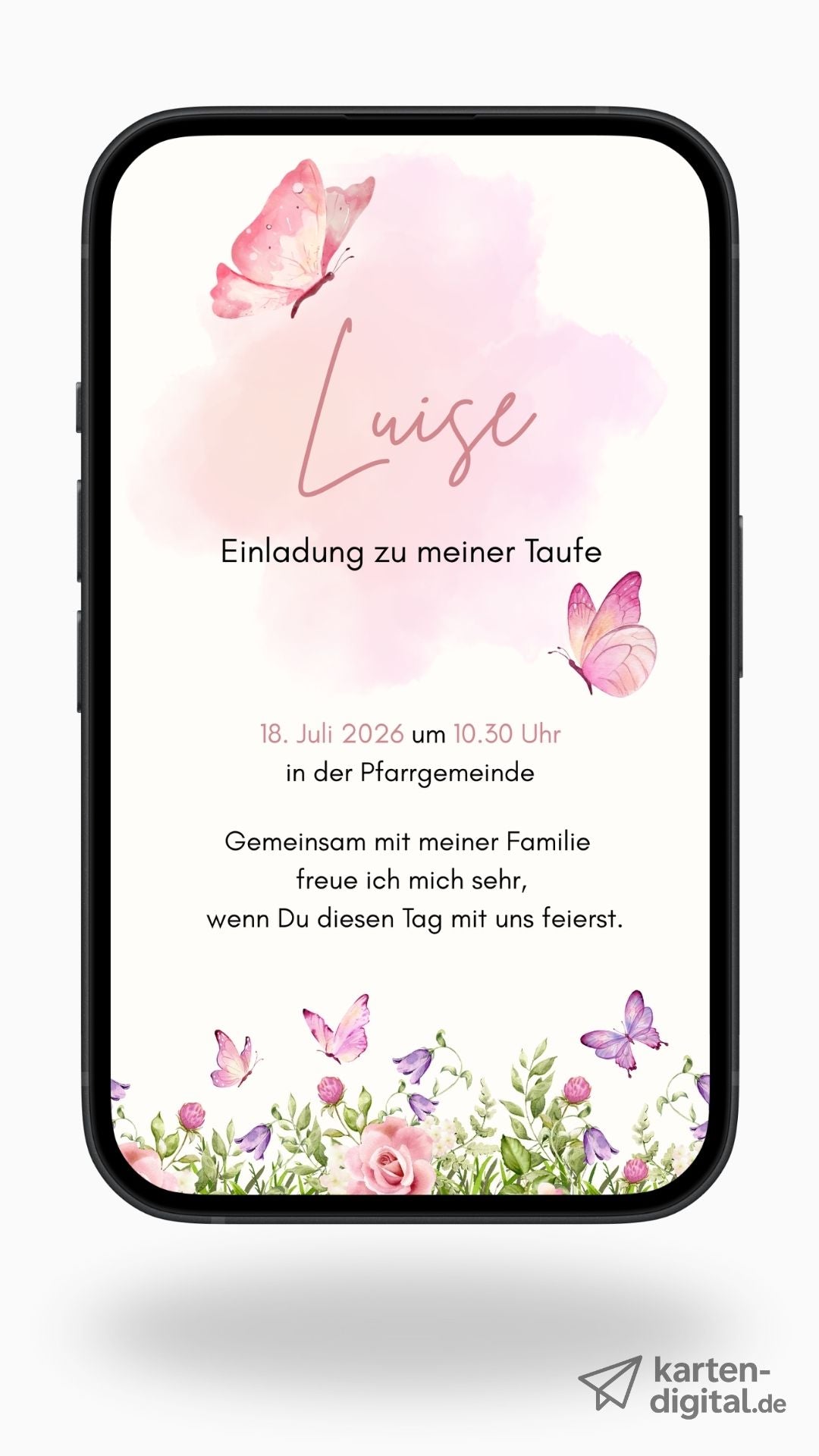 Digitale Taufeinladung mit Schmetterlingen & Blumen – liebevoll-verspielte Einladung zur Taufe