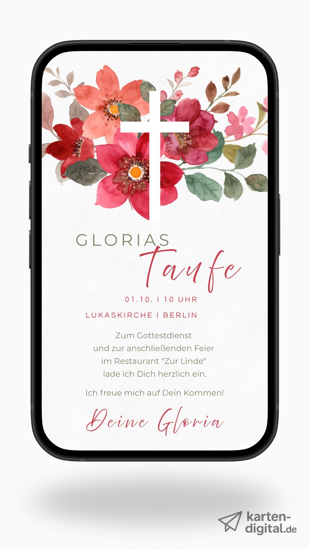 Digitale Taufeinladung – florales Design mit Kreuz in kräftigen Rottönen