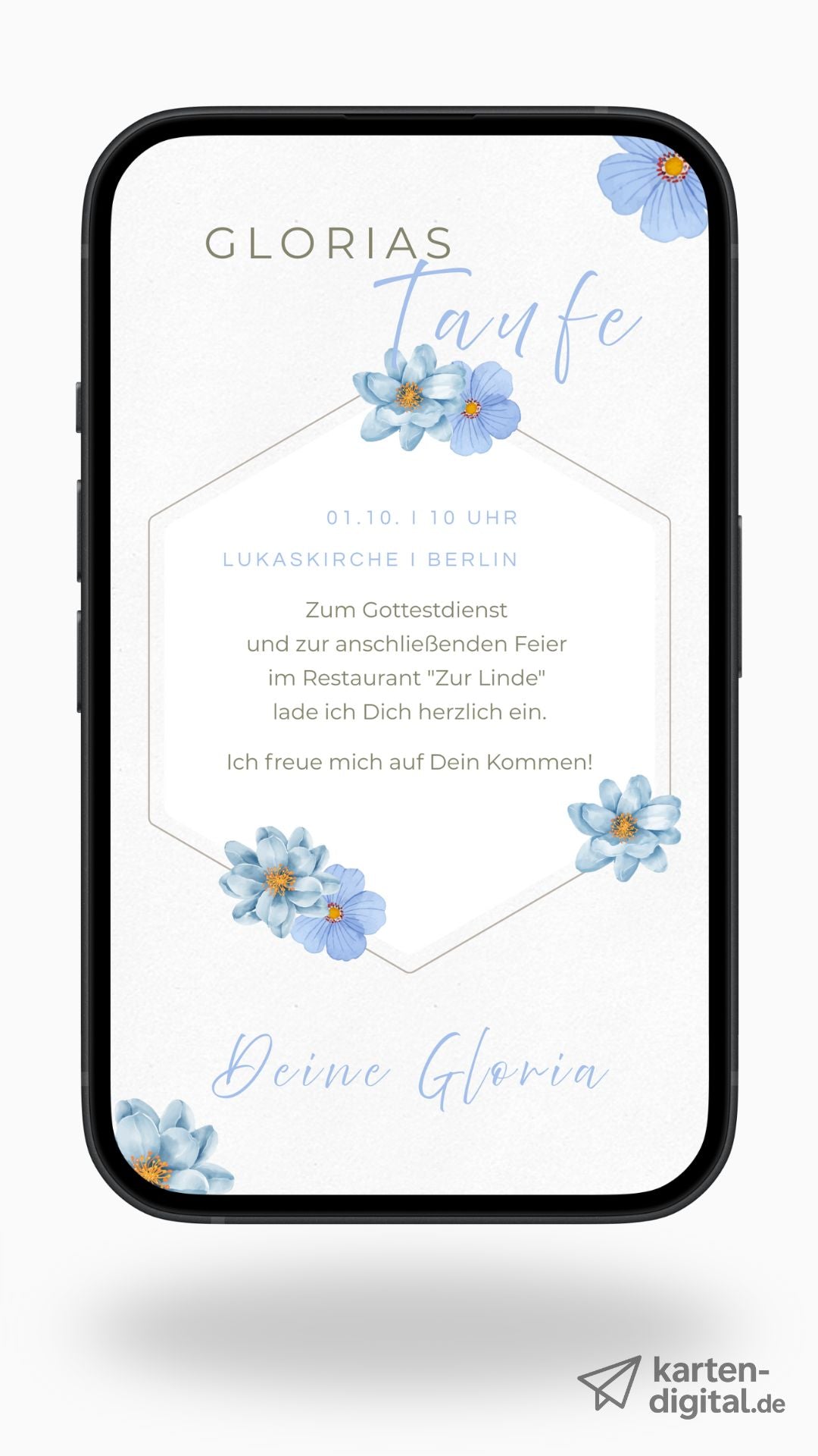 Digitale Taufeinladung – zartes Aquarelldesign mit blauen Blumen