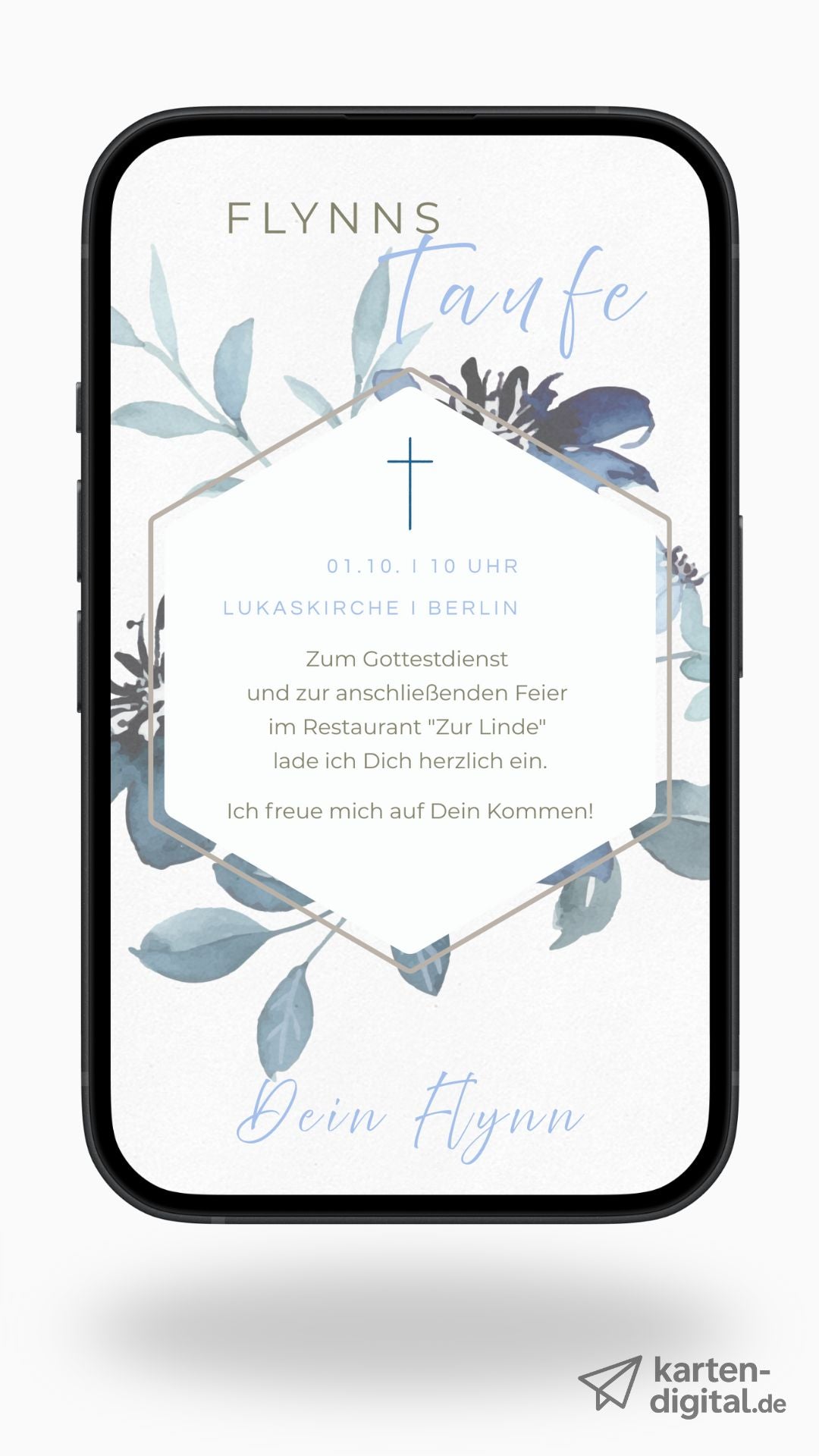 Digitale Taufeinladung – stilvoll & modern mit blauen Aquarellblättern