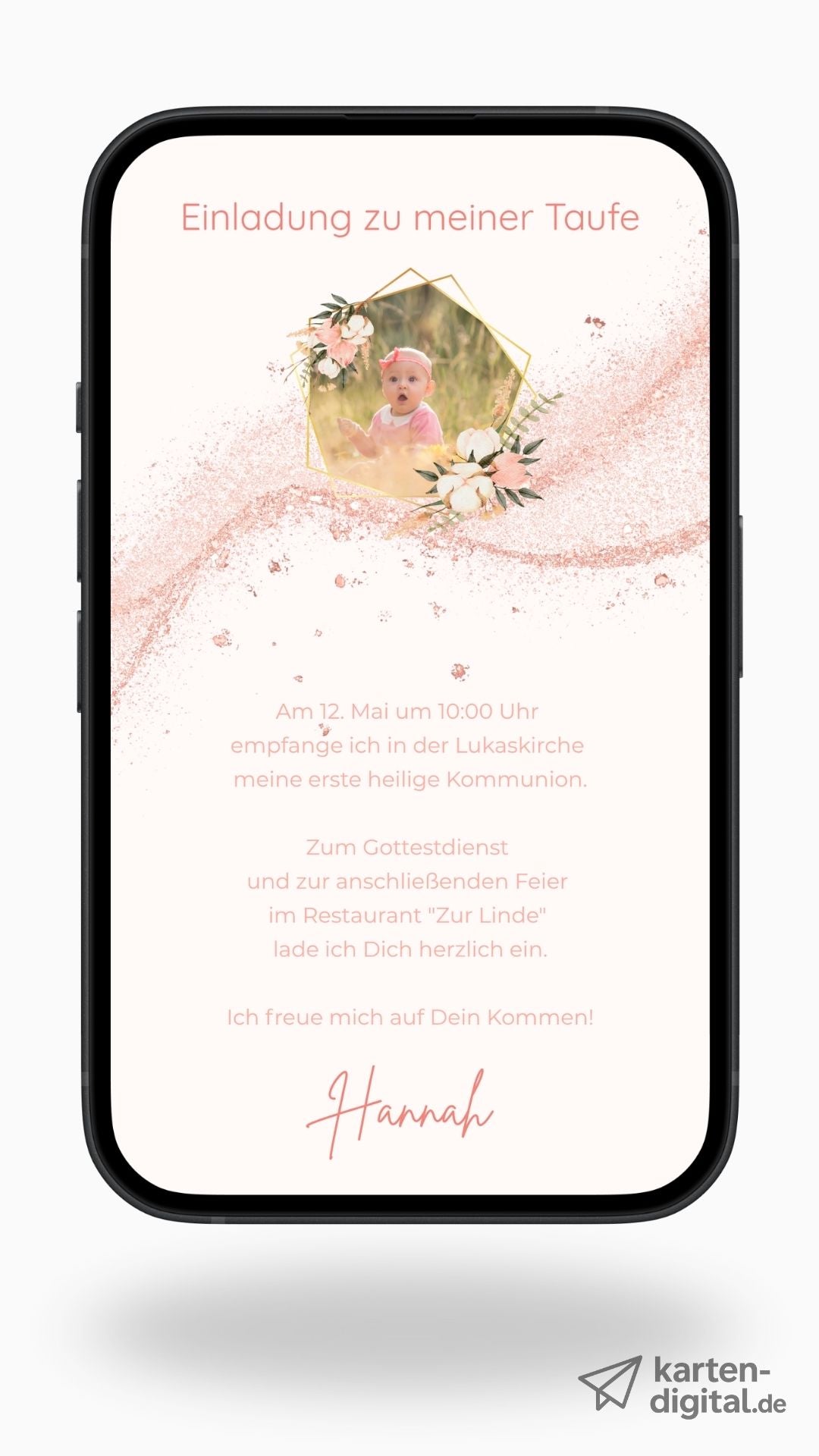 Digitale Taufeinladung in Roségold – elegante & schlichte Einladung zur Taufe