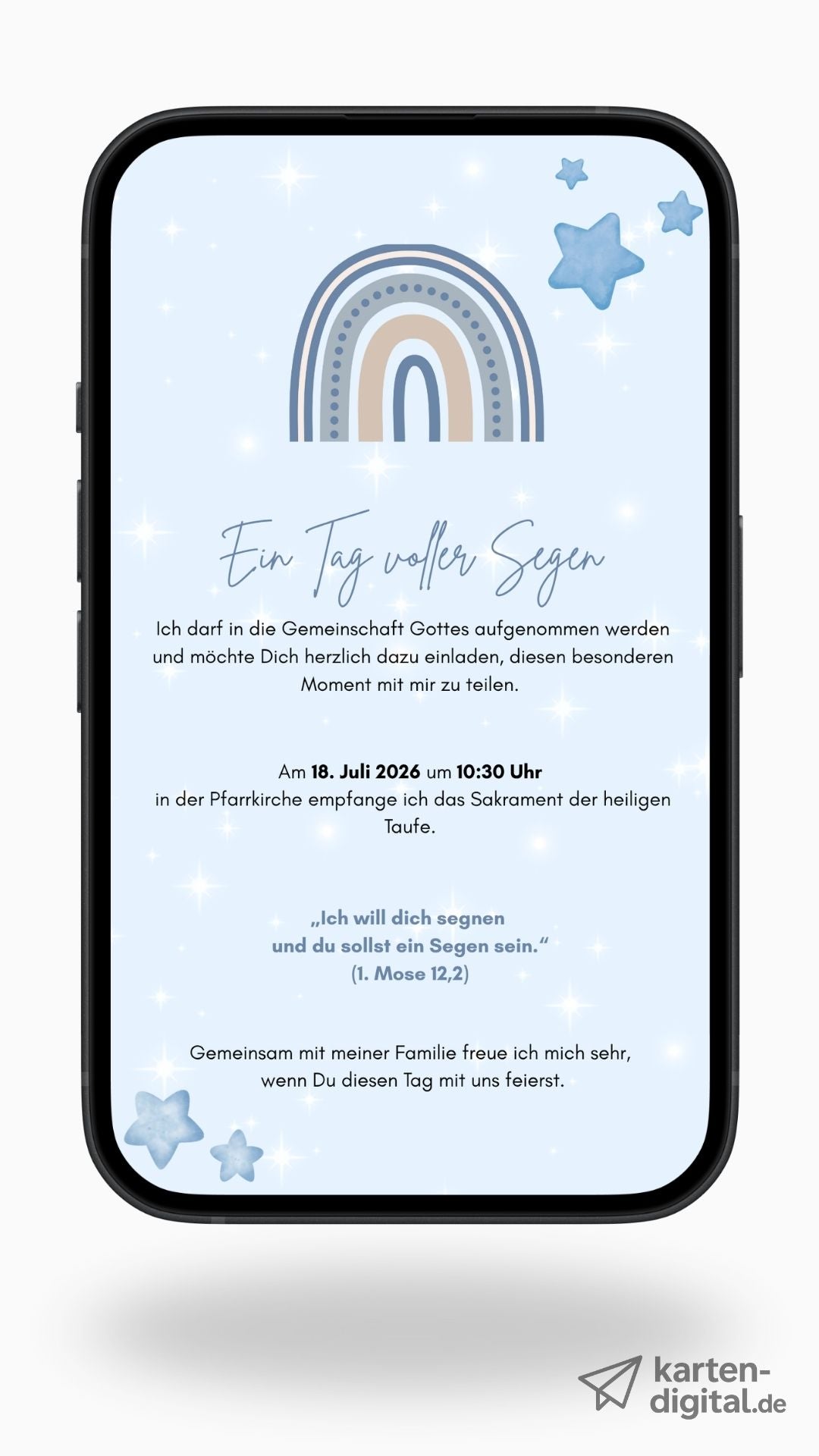 Digitale Taufeinladung mit Segensspruch & Regenbogen in Blau – zweiseitige Einladung zur Taufe