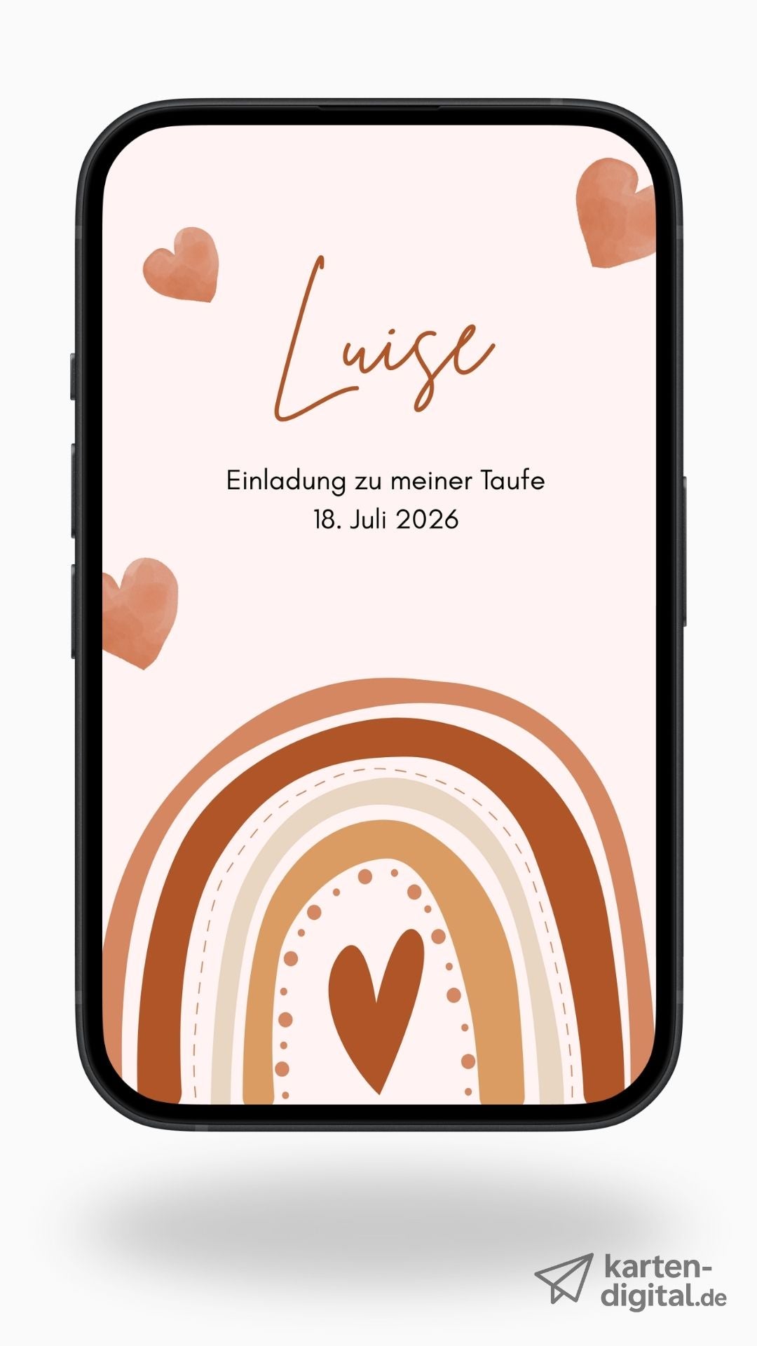 Digitale Taufeinladung mit Herz-Regenbogen & Segensspruch – zweiseitige Einladung zur Taufe