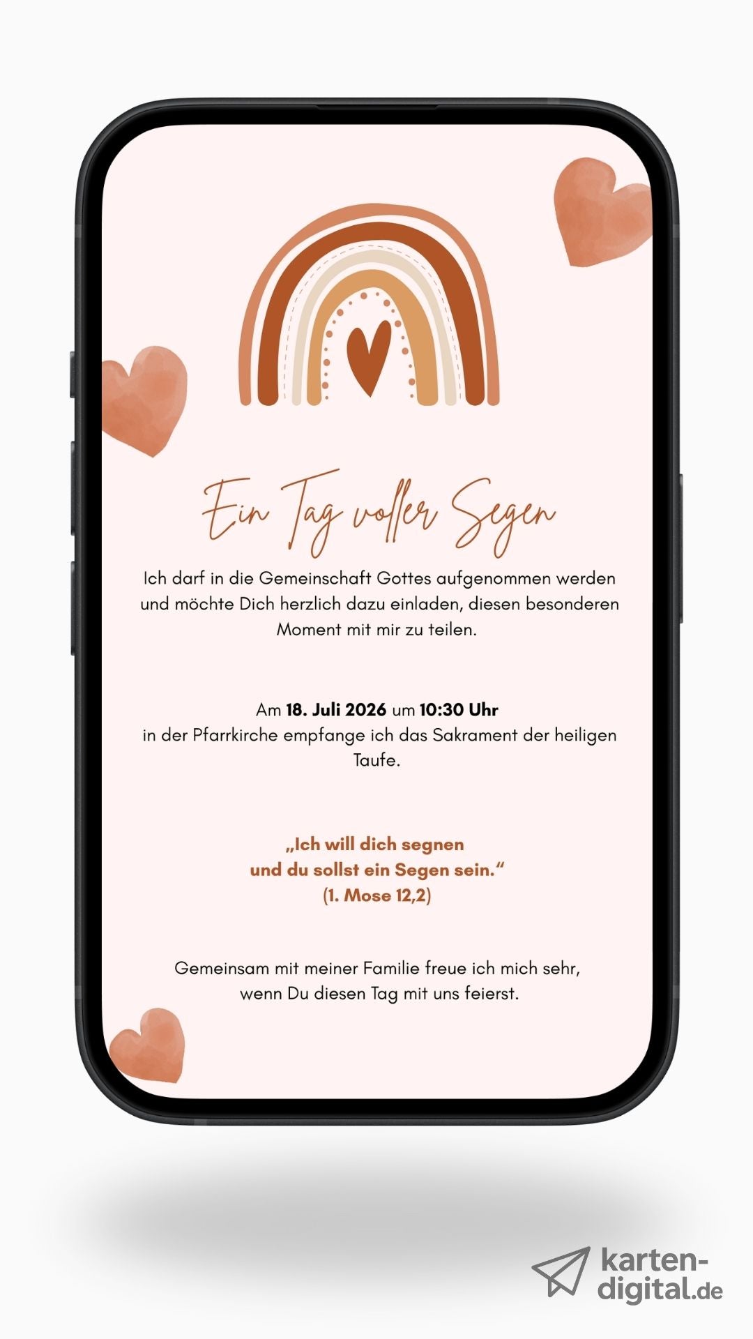 Digitale Taufeinladung mit Herz-Regenbogen & Segensspruch – zweiseitige Einladung zur Taufe