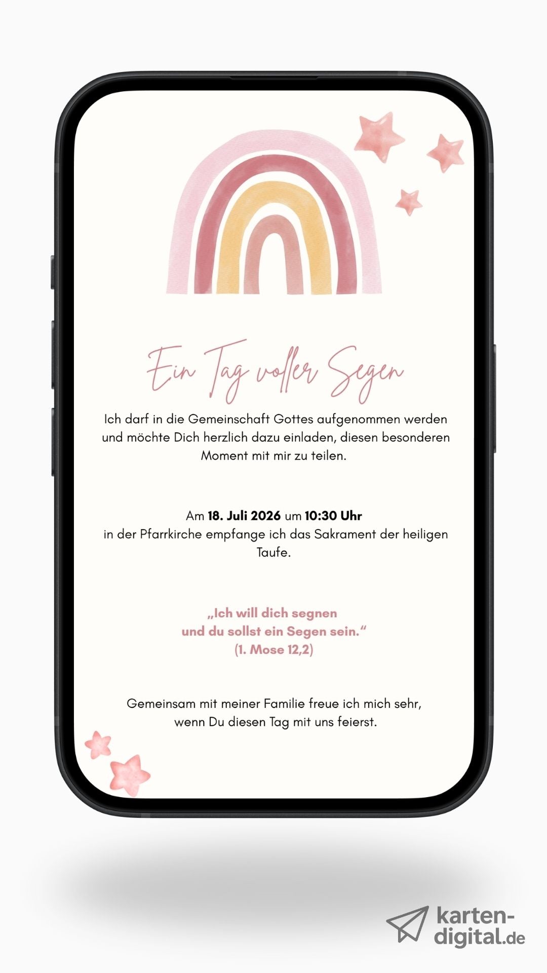 Digitale Taufeinladung mit Regenbogen & Sternen – zweiseitige Einladung zur Taufe mit Segensspruch
