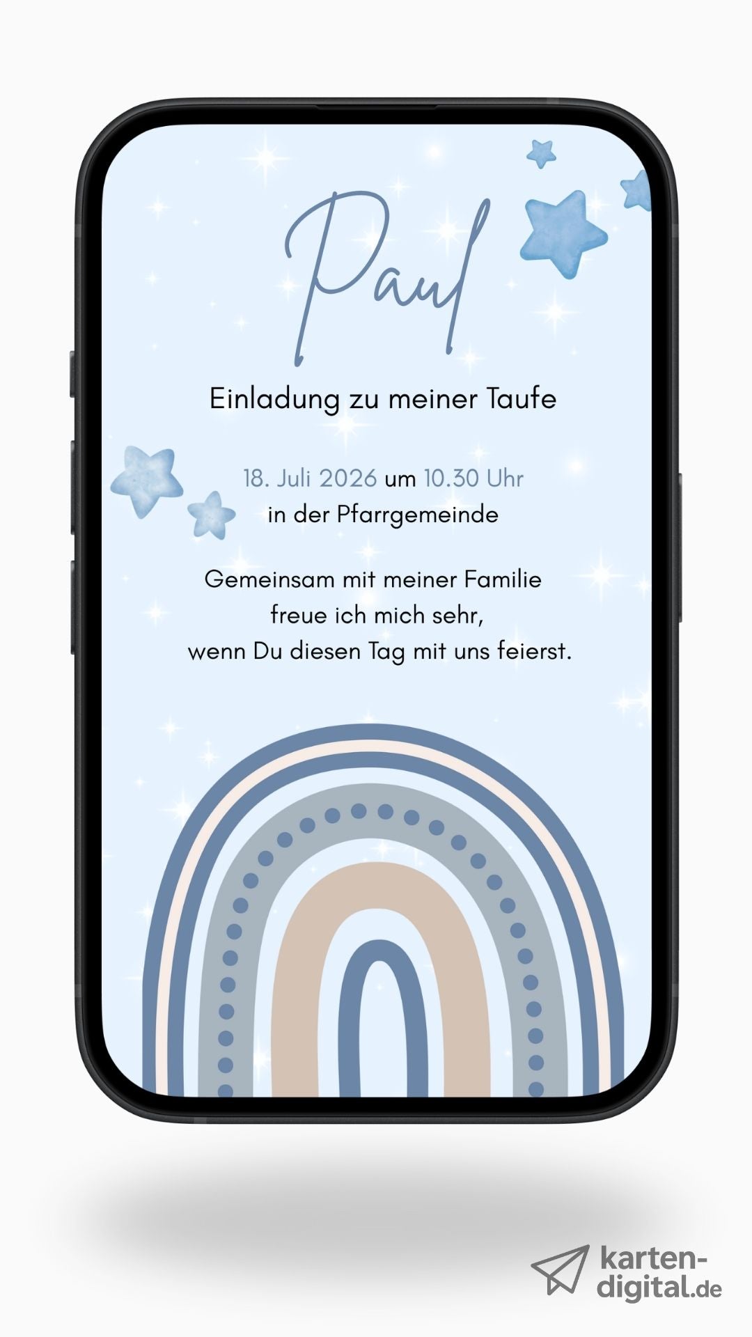 Digitale Taufeinladung mit Sternenhimmel & Regenbogen – stilvolle Einladung zur Taufe