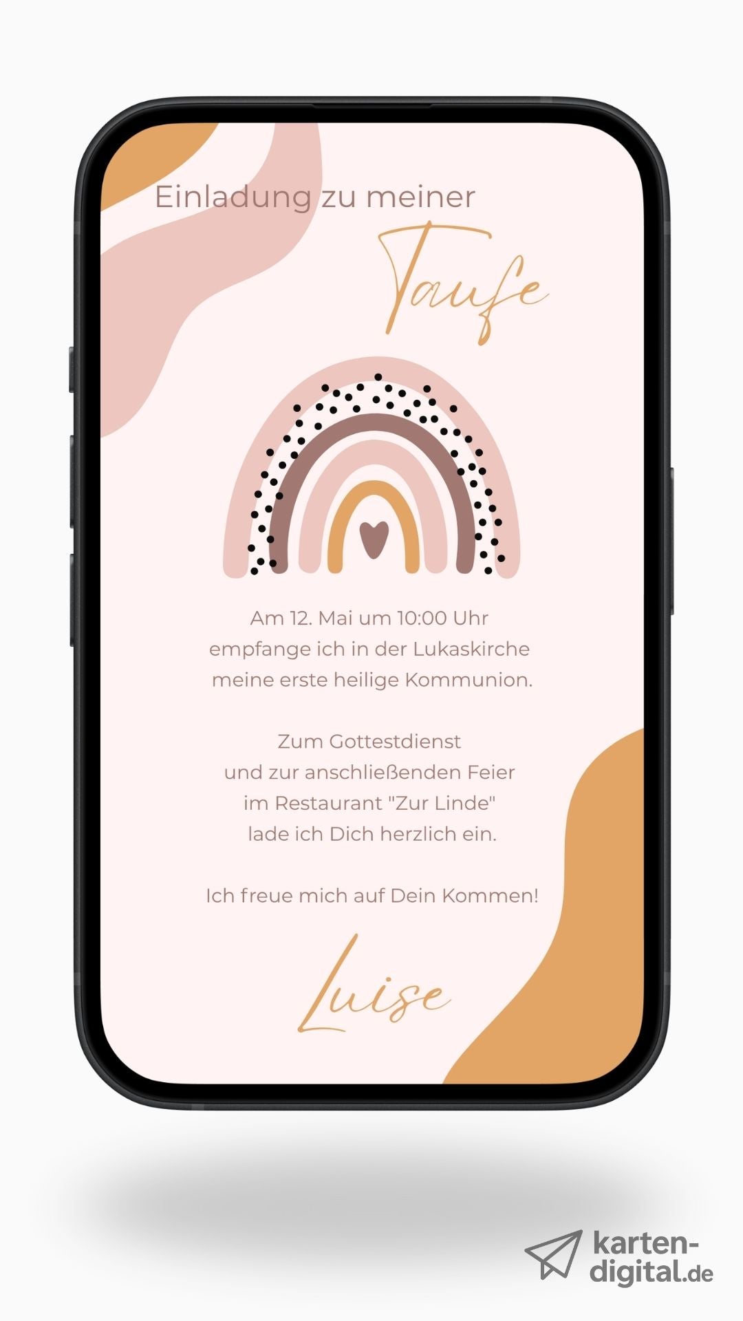 Digitale Taufeinladung mit Herz & Regenbogen – liebevoll gestaltete Einladung zur Taufe