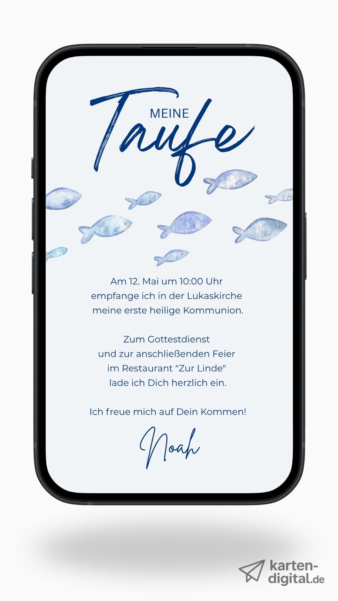 Digitale Einladung zur Kommunion mit blauen Fischen – moderne Kommunionseinladung mit christlichem Symbol