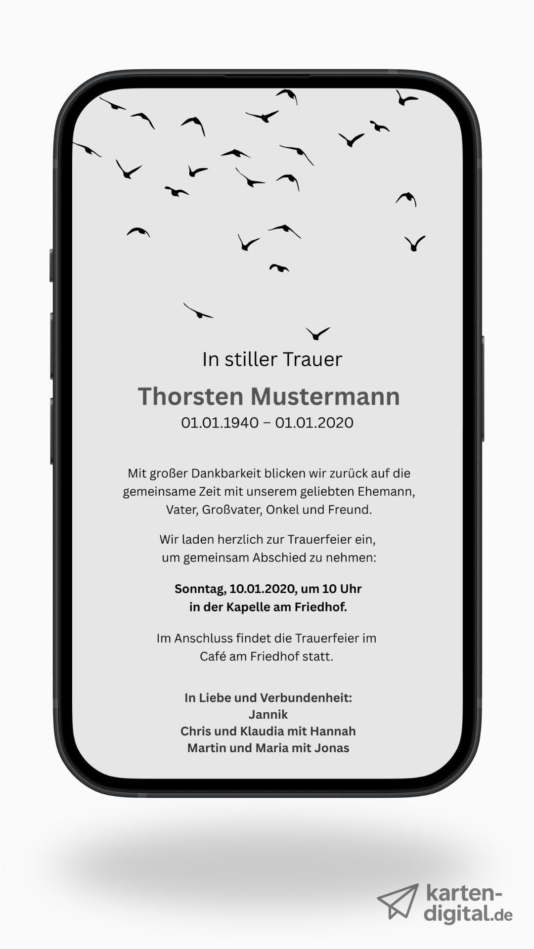Digitale Trauerkarte mit Beerdigungsdetails – stilvoll und persönlich Abschied nehmen