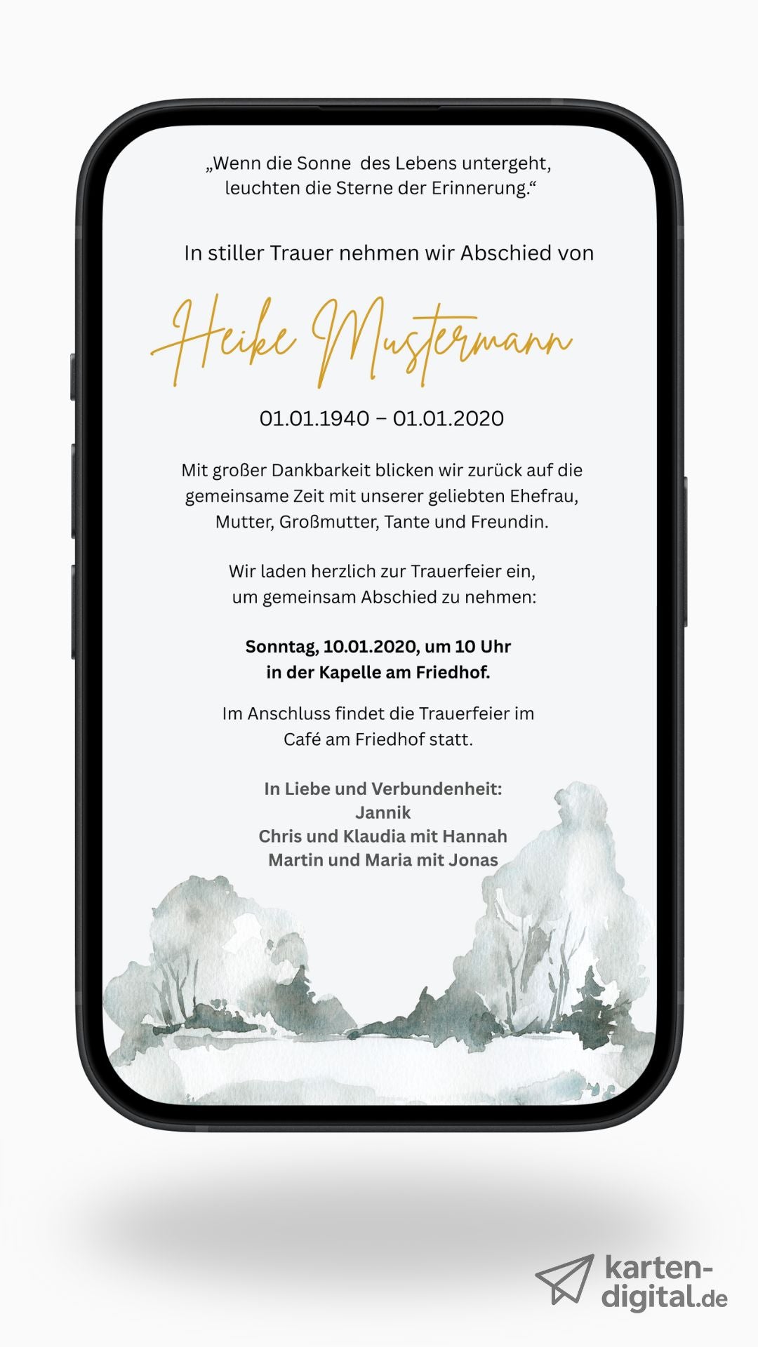 Digitale Trauerkarte mit goldener Schrift und Landschaft – hell, stilvoll und tröstlich Abschied nehmen